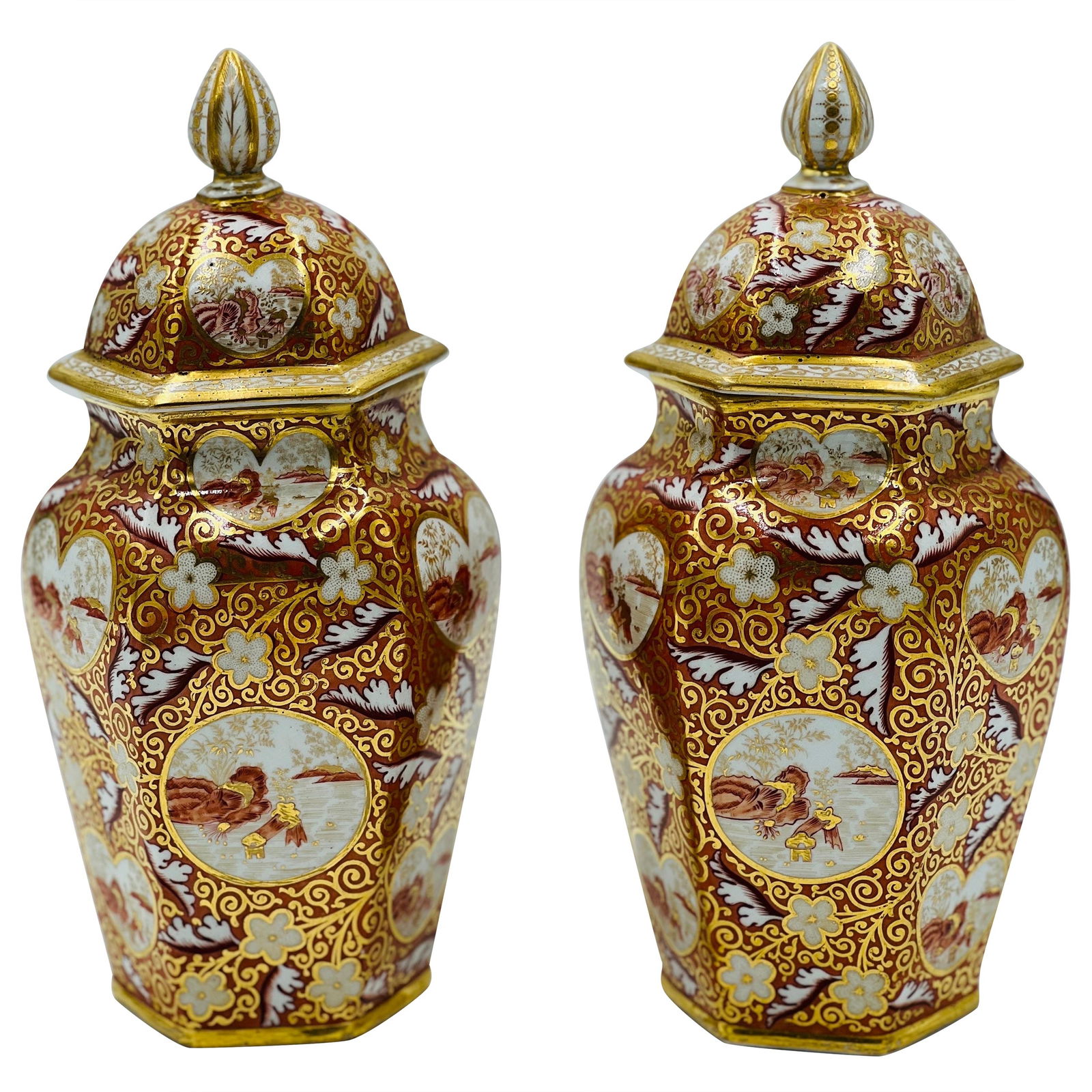 Exceptional Pair of 19th Century English Japonesque Porcelain Urns Set of 2: Exceptional Pair of 19th Century English Japonesque Porcelain Urns Set of 2 Discover a stunning pair of 19th Century English Japonesque porcelain lidded urns, each standing at 10.25 inches tall and fe