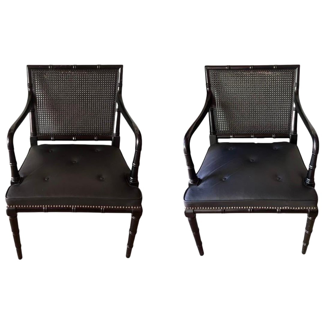 Set of 2 Regency Ebonized Faux Bamboo Armchairs with Cane and Leather (1 of 11)
