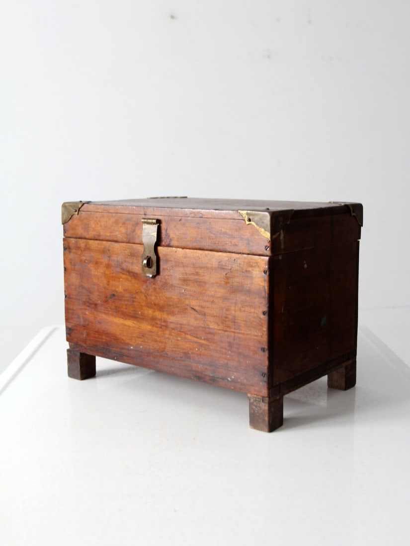Early 20th Century Antique Wooden Storage Chest with Brass Accents (1 of 9)