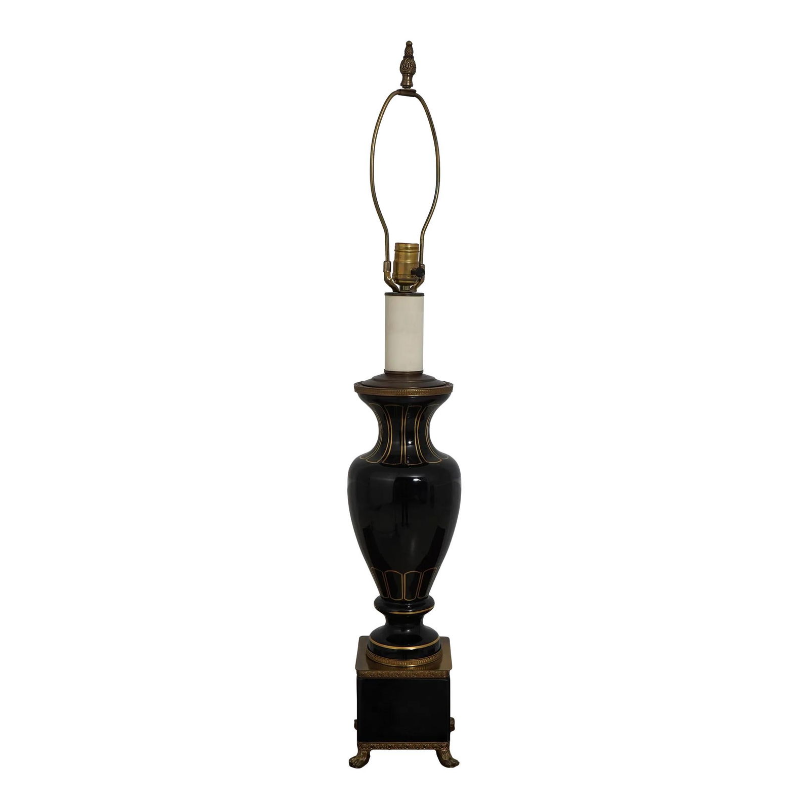 Vintage Empire Style Black Porcelain Brass Lamp 37" Tall: Vintage Empire Style Black Porcelain Brass Lamp 37" Tall This exquisite Empire Style lamp features a stunning black porcelain urn complemented by elegant brass details. With a vintage appeal, it