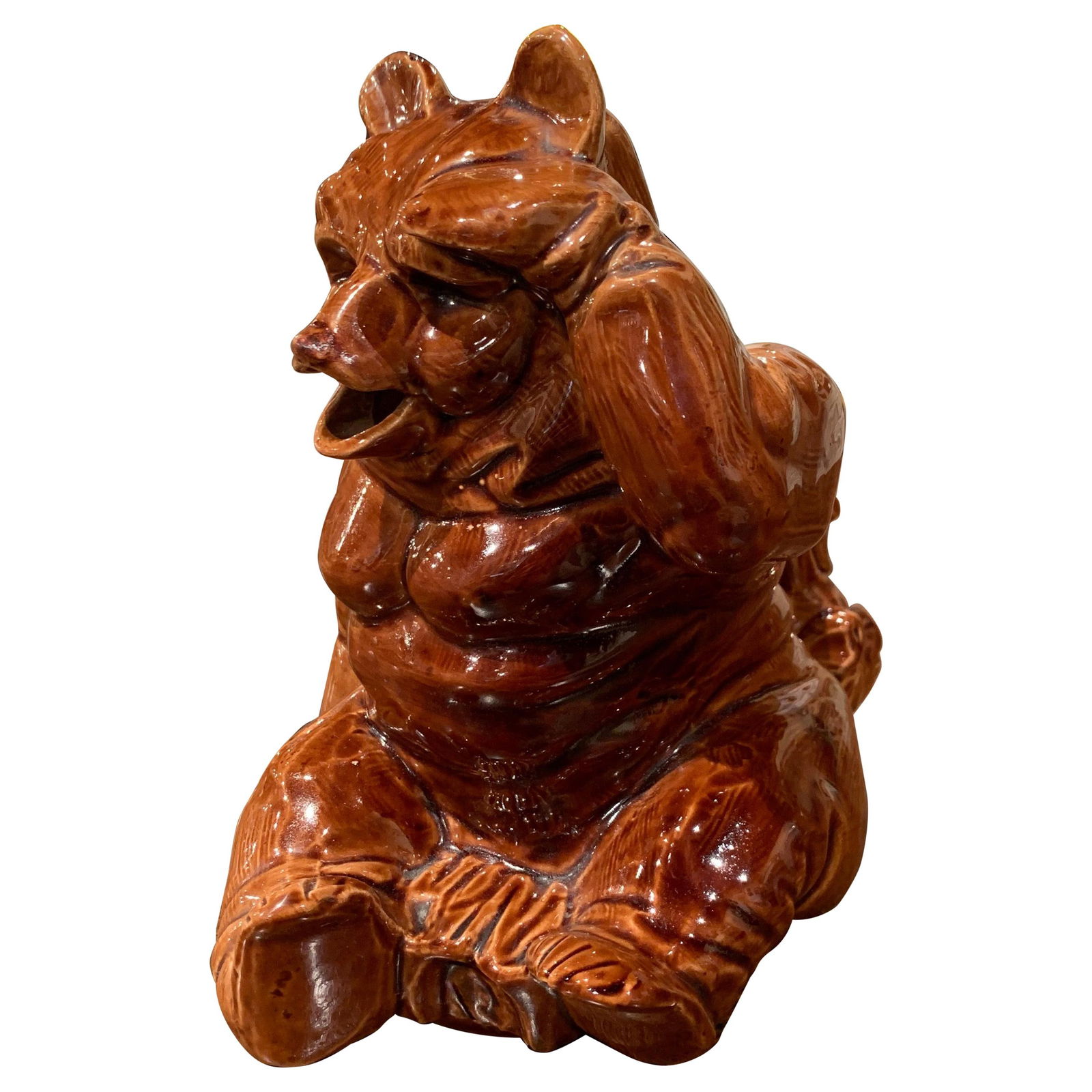 Antique 19th Century Sarreguemines Hand Painted Bear Pitcher: Antique 19th Century Sarreguemines Hand Painted Bear Pitcher This exquisite 19th Century French Barbotine ceramic pitcher, attributed to Sarreguemines, showcases a charming seated bear with its front