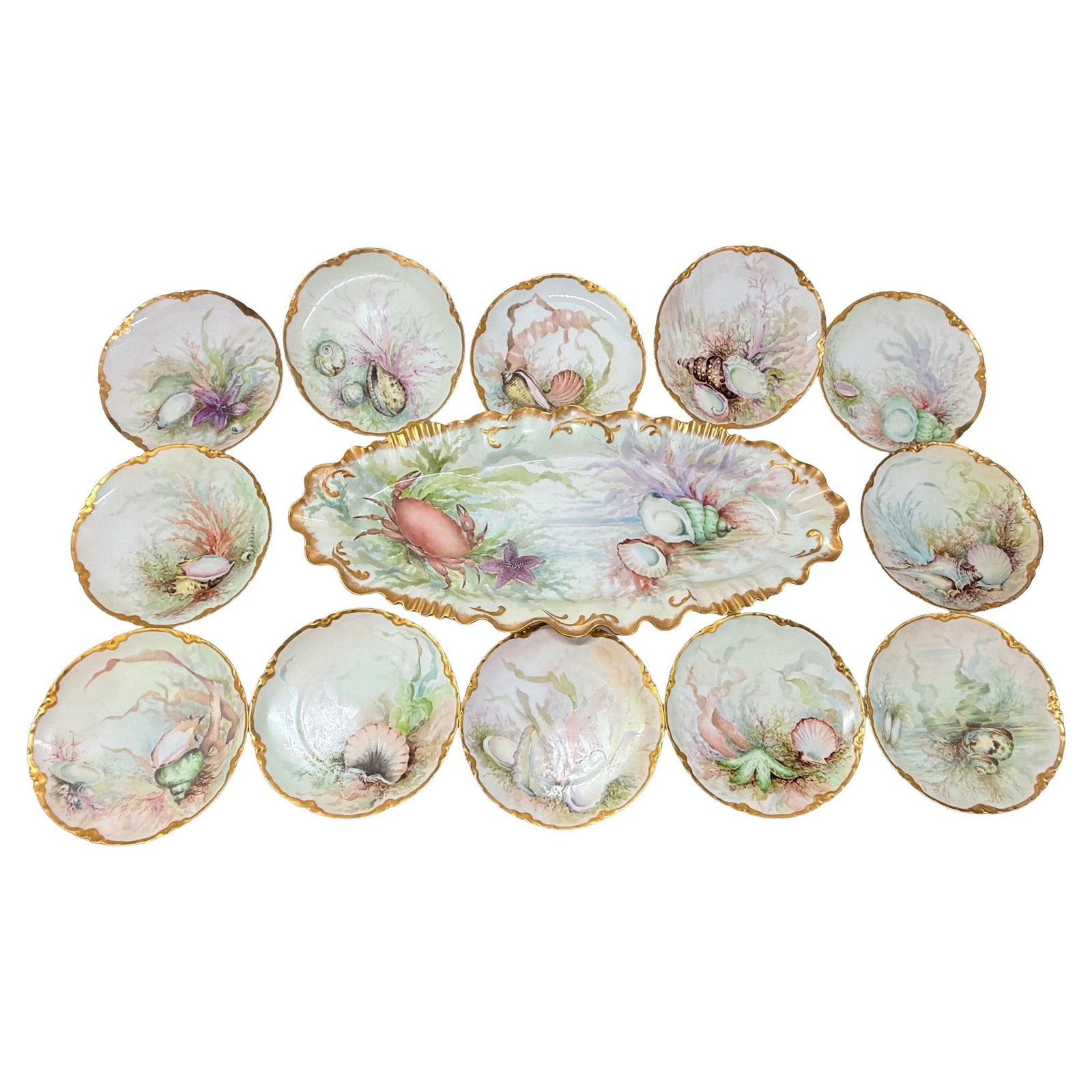 Haviland Limoges 13 Piece Seafood Set Circa 1890 Belle Epoque Porcelain: Haviland Limoges 13 Piece Seafood Set Circa 1890 Belle Epoque Porcelain This exceptional 13-piece seafood service set, crafted by the esteemed Haviland & Co. of Limoges, France, dates back to circa