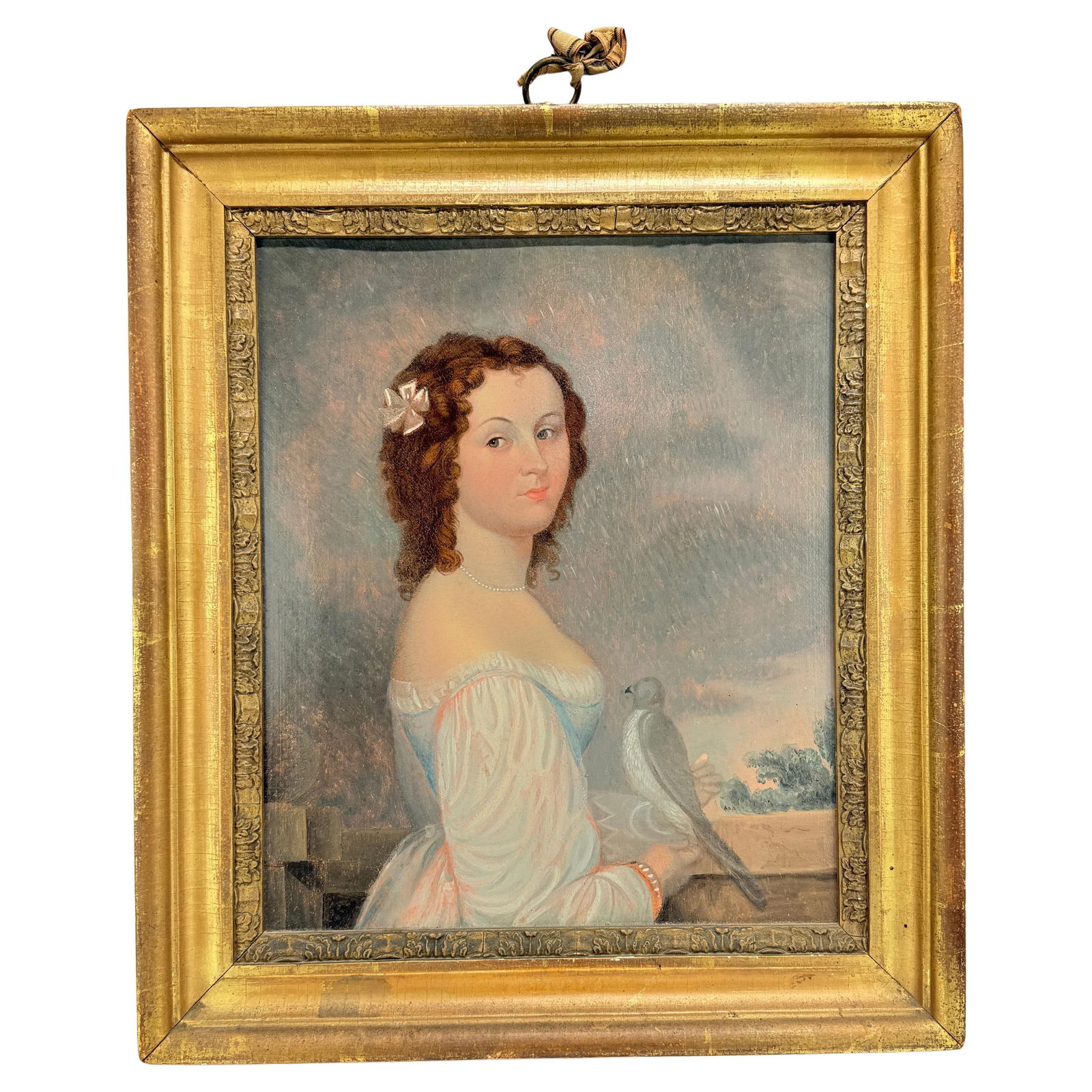 19th Century American Folk Art Portrait with Dove: 19th Century American Folk Art Portrait with Dove This exquisite early 19th-century oil painting features a half-length portrait of a young woman, reflecting the refined provincial style
