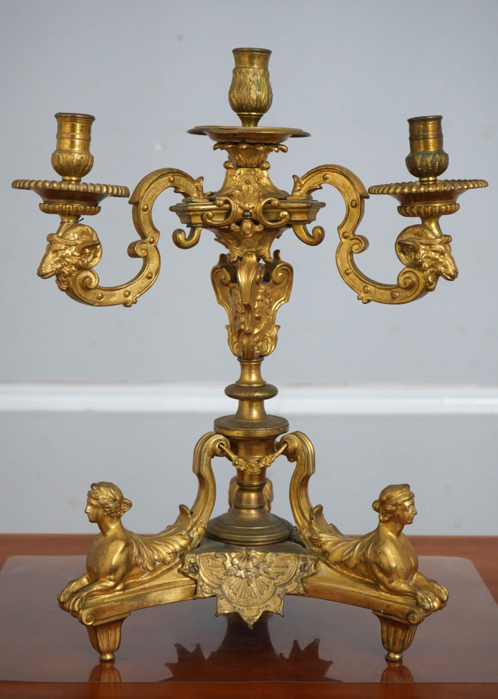 Elegant Pair of Mid 19th Century Bronze Candelabras in Gold Finish - 4