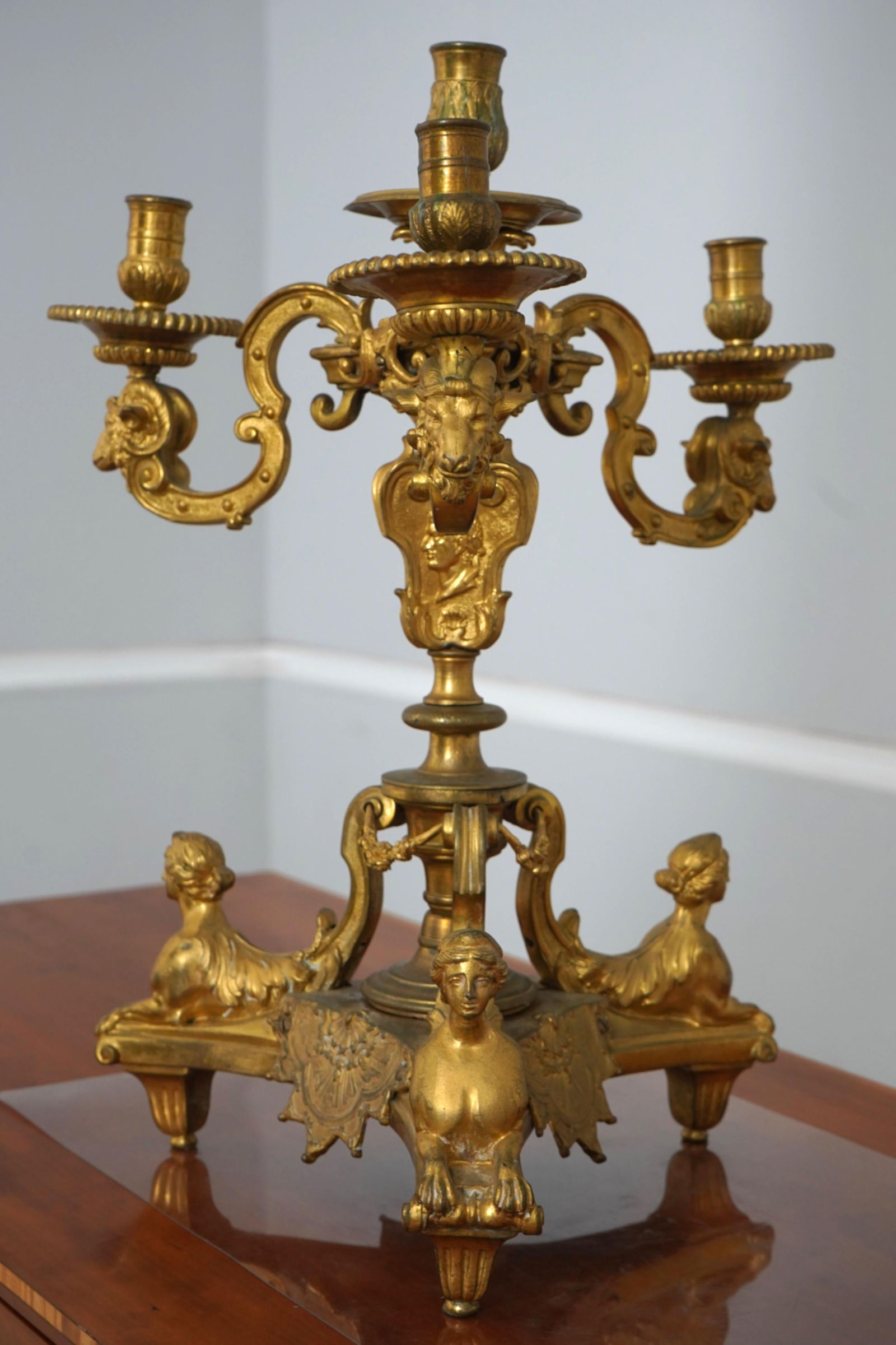 Elegant Pair of Mid 19th Century Bronze Candelabras in Gold Finish - 6