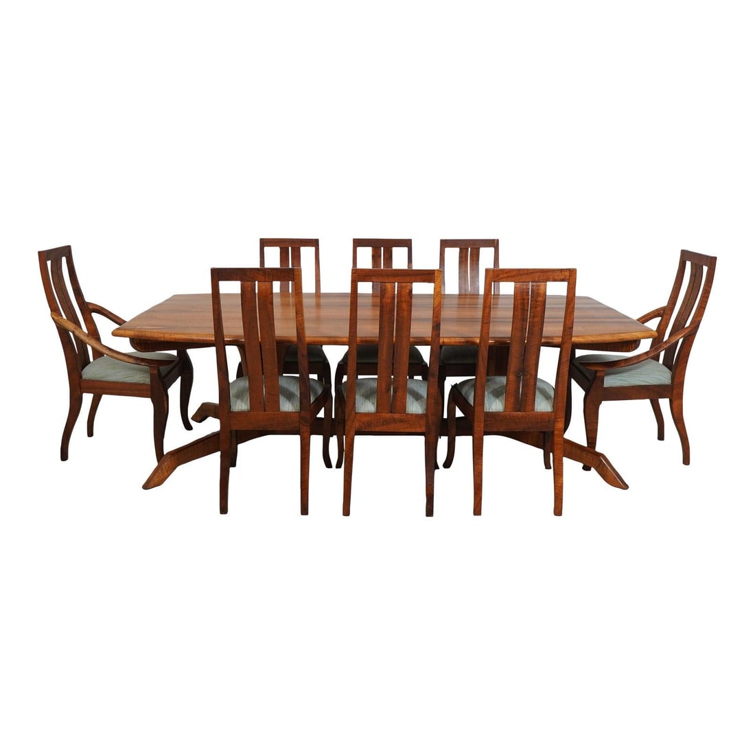 M. Riley Modern Studio Crafted Tiger Maple Table and Chairs Set: M. Riley Modern Studio Crafted Tiger Maple Table and Chairs Set Elevate your dining experience with this exquisite Studio Crafted Tiger Maple Table and Chairs set by M. Riley. Created around 2005, thi