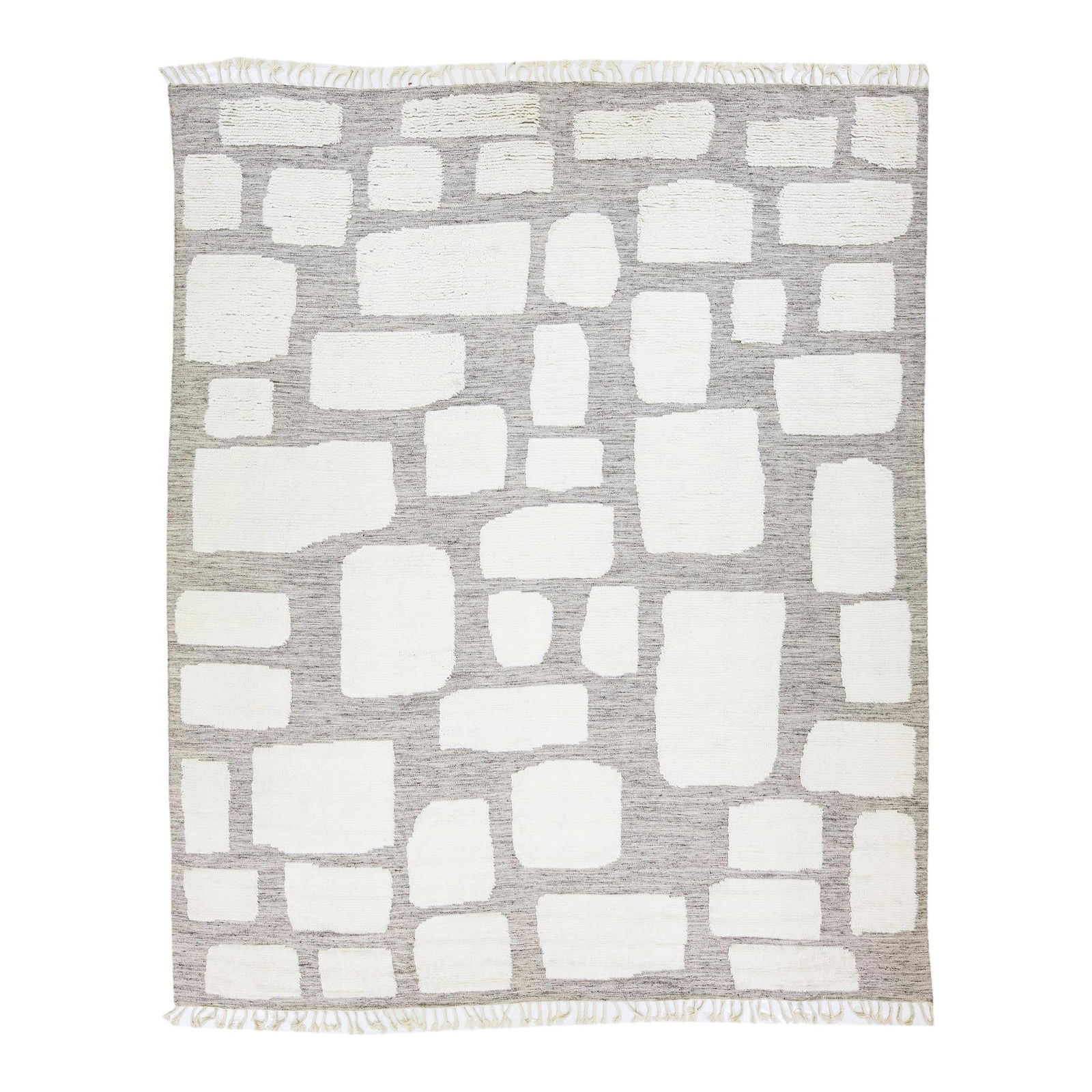 Oversize Handmade Moroccan Style Grey Wool Rug: Oversize Handmade Moroccan Style Grey Wool Rug This exquisite modern Moroccan style rug showcases a hand-knotted design with a light gray field and elegant ivory accents. Its stunning geometric patter