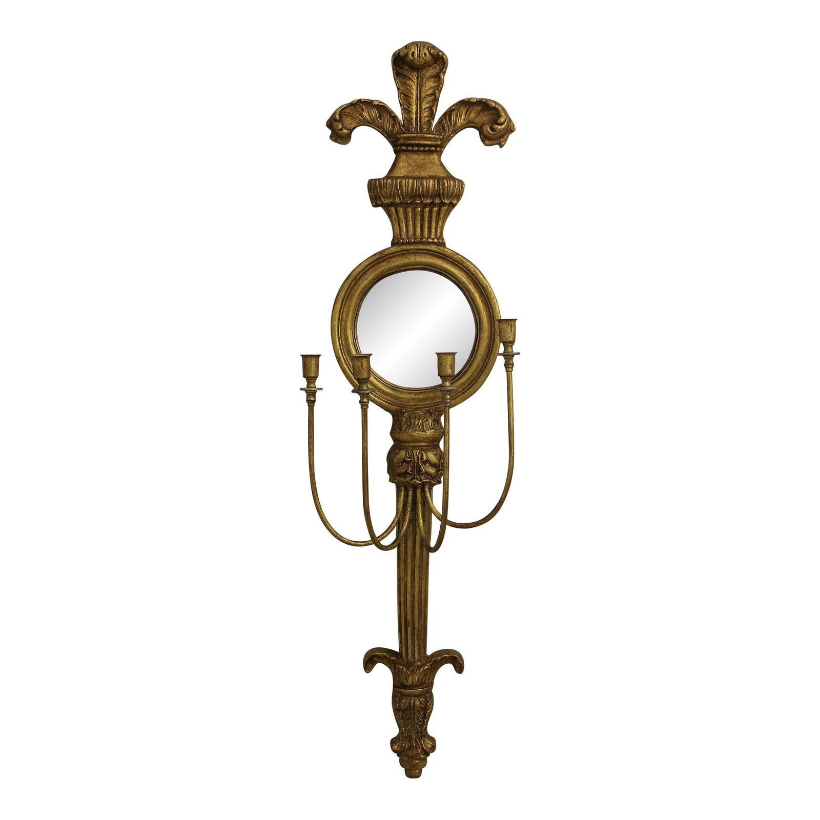 Friedman Brothers Gold Gilt Convex Mirrored Wall Sconce: Friedman Brothers Gold Gilt Convex Mirrored Wall Sconce This stunning Friedman Brothers Gold Gilt Mirrored Wall Sconce features a striking convex mirror glass center and is designed with elegant cande