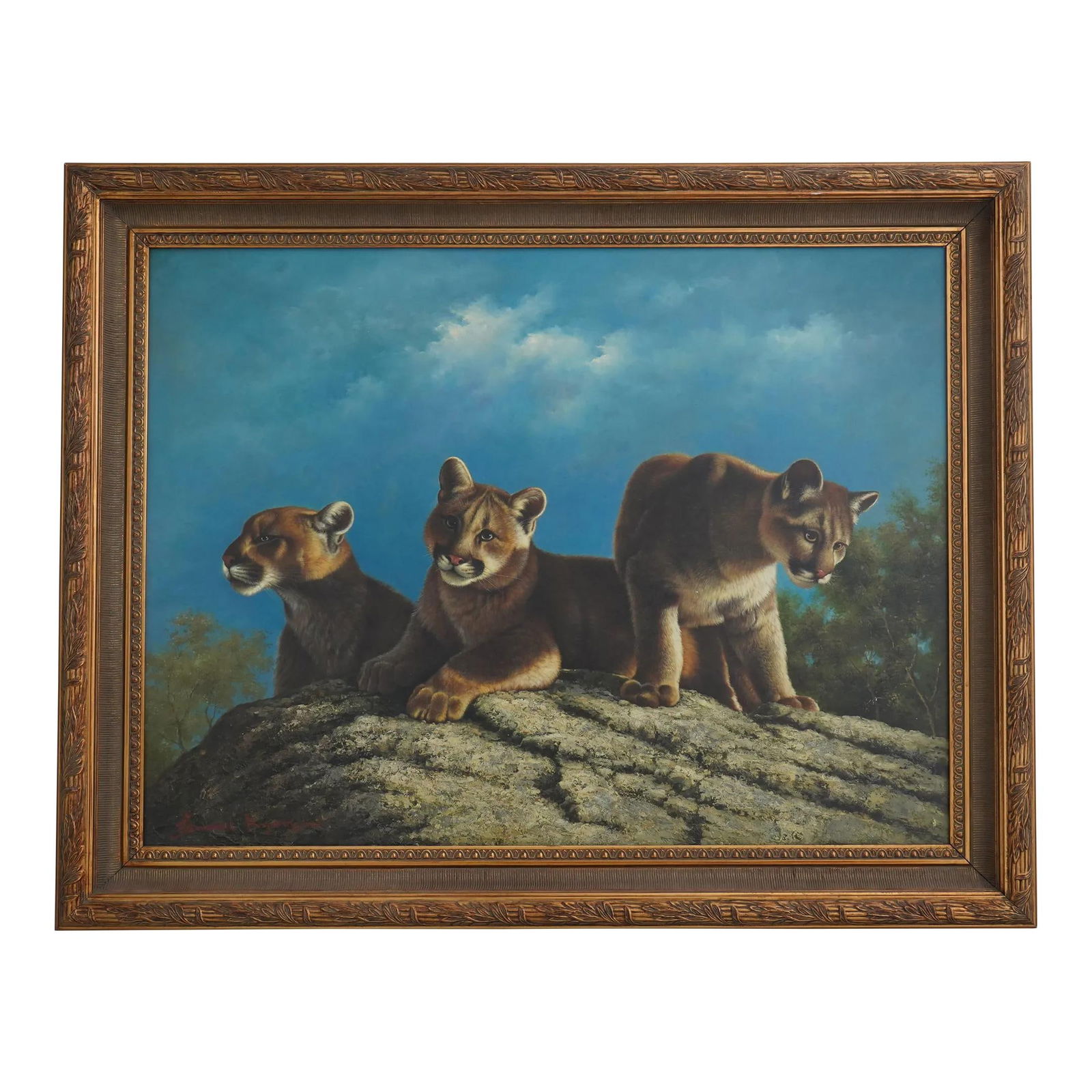 Majestic Framed Oil Painting of Three Lions 48x38 Gold Frame: Majestic Framed Oil Painting of Three Lions 48x38 Gold Frame This stunning framed oil painting on canvas showcases a captivating depiction of three lions, skillfully hand-painted and exuding quality c