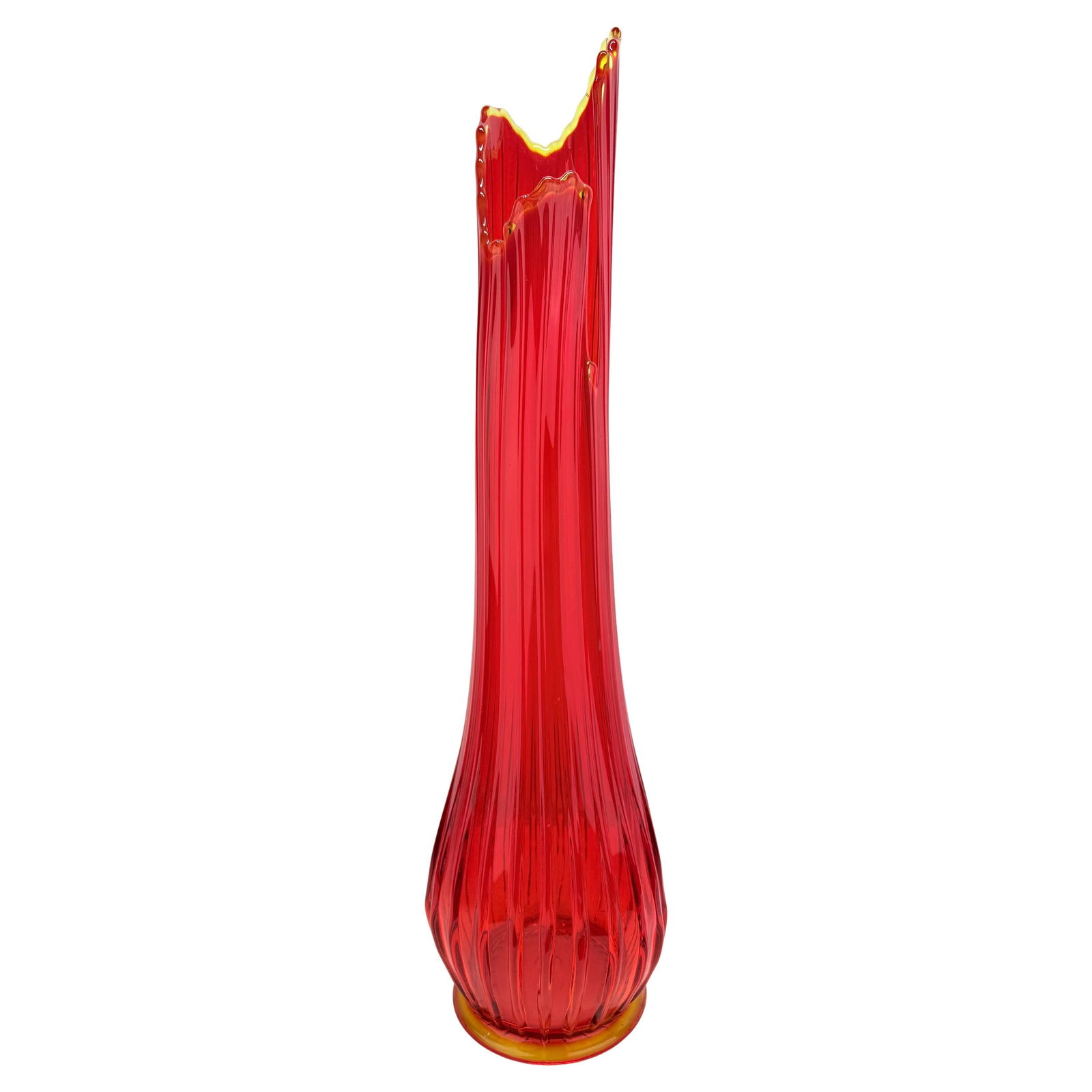 L.E. Smith Ruby Red Amberina Ribbed Swung Vase 25.25 in Mid-Century Modern (1 of 14)