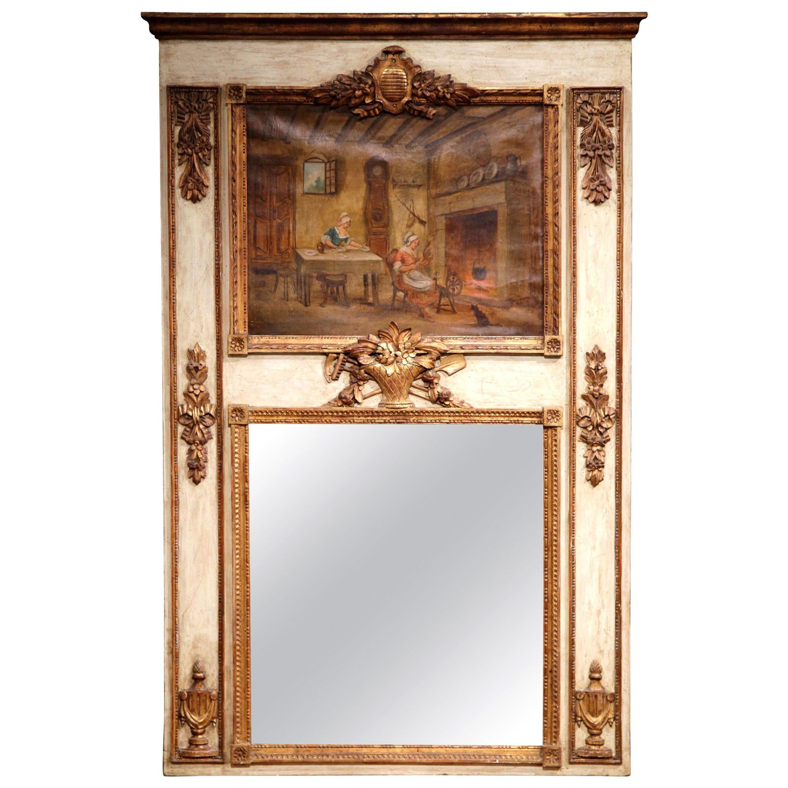 19th Century Louis XVI French Trumeau Mirror Gilt Frame Hand-Painted Scene: 19th Century Louis XVI French Trumeau Mirror Gilt Frame Hand-Painted Scene This exquisite 19th Century French Louis XVI carved, painted, and gilt wall trumeau mirror is a stunning example of antique c