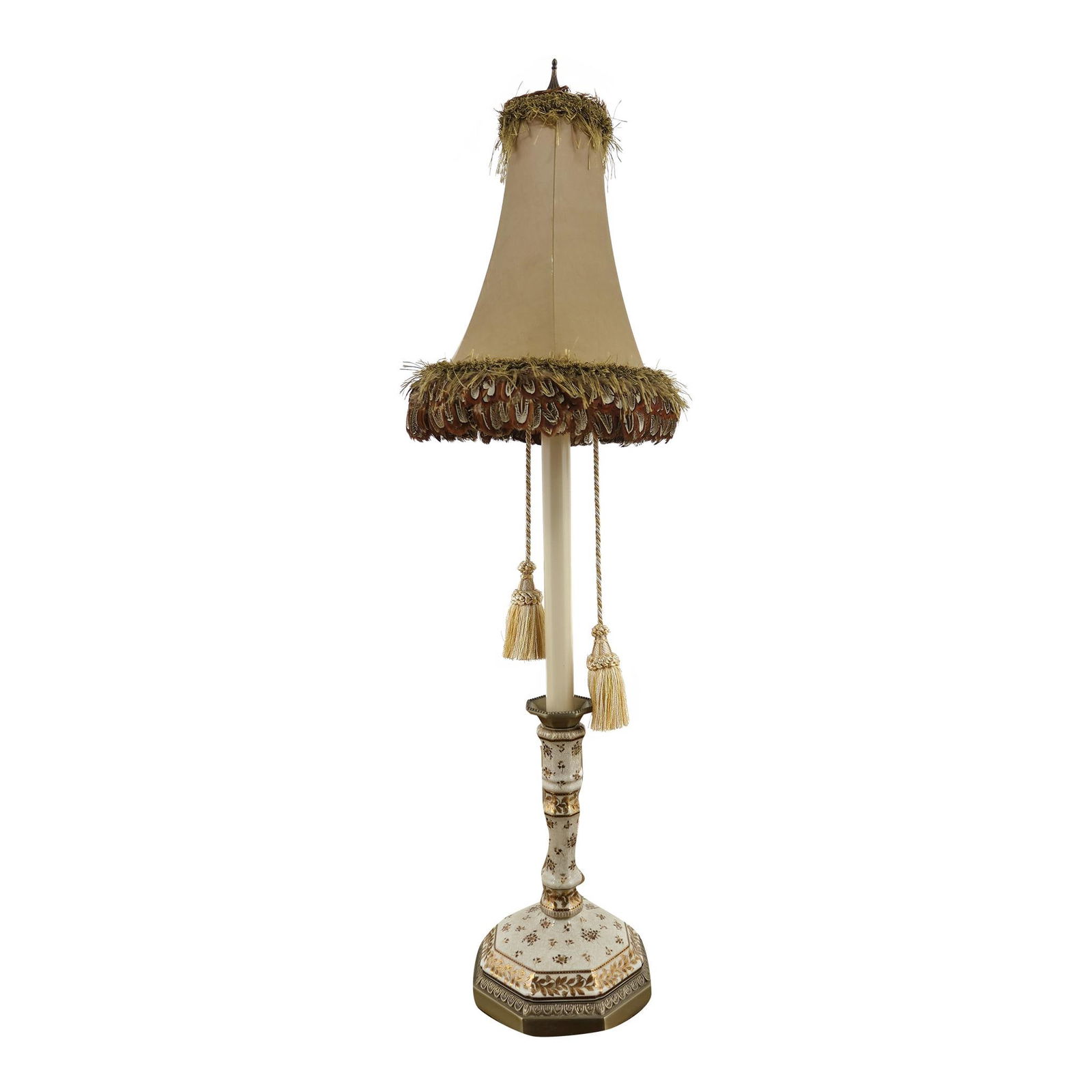 Elegant Castilian Crackle Porcelain Table Lamp with Feather Shade: Elegant Castilian Crackle Porcelain Table Lamp with Feather Shade Illuminate your space with this stunning Castilian Crackle Porcelain Base Table Lamp. This exquisite lamp features a high-quality deco