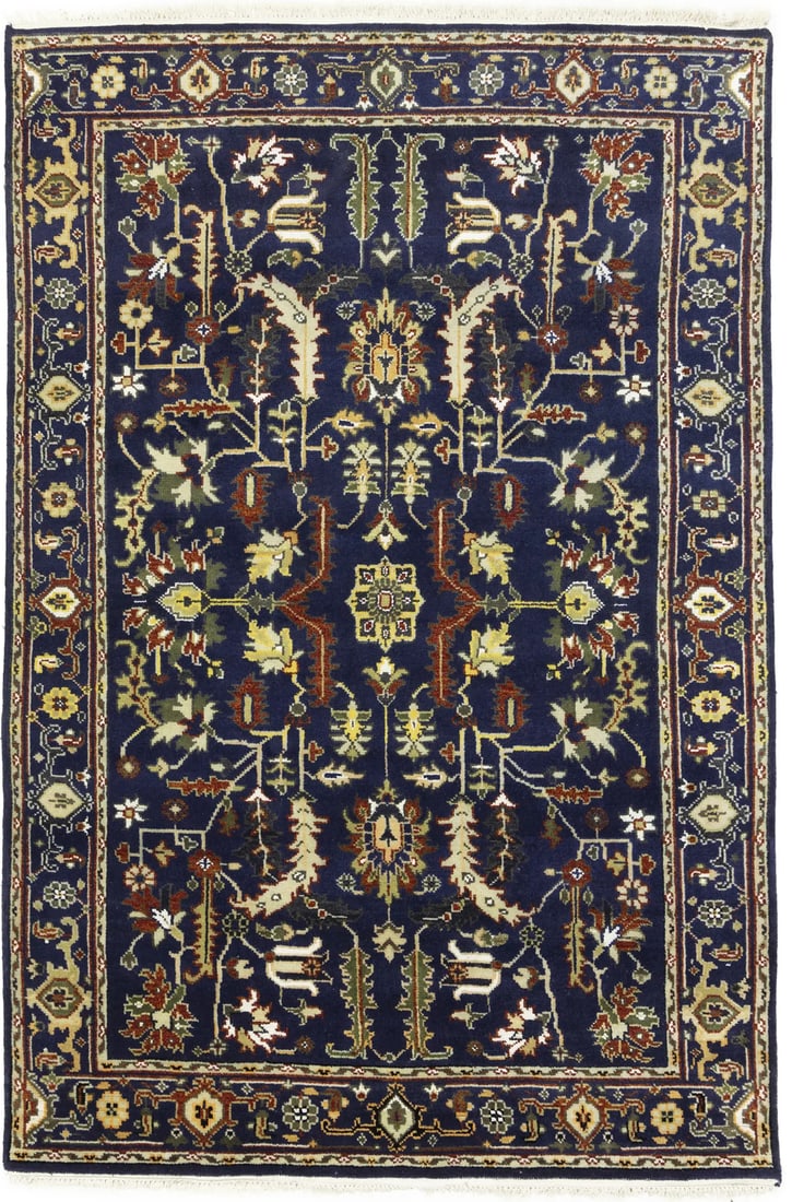 Hand-Knotted Floral Wool Area Rug 6'1 x 9'1 Dark Navy Modern Design: Hand-Knotted Floral Wool Area Rug 6'1 x 9'1 Dark Navy Modern Design Enhance your home with this Traditional Oriental Rug, featuring a stunning dark navy floral design that complements a variety of