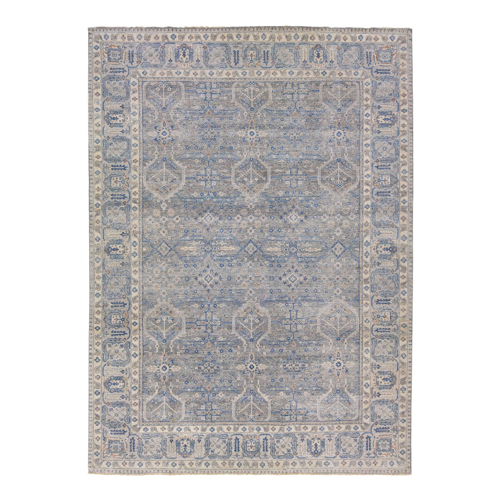 Gray Floral Wool Rug Artisan 9'10 x 13'8 Handwoven: Gray Floral Wool Rug Artisan 9'10 x 13'8 Handwoven Introducing a stunning gray modern Indian handmade floral wool rug that beautifully reimagines antique aesthetics. This exquisite piece from the Arti