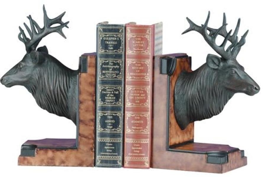 Hand-Cast Elk Head Bookends Lodge Style Ebony Finish Resin (1 of 1)