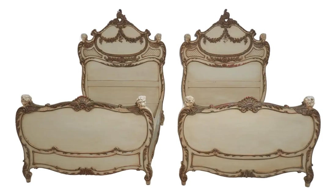 Set of 2 French Mahogany Twin Beds with Cherub Carvings and Painted Finish (1 of 10)