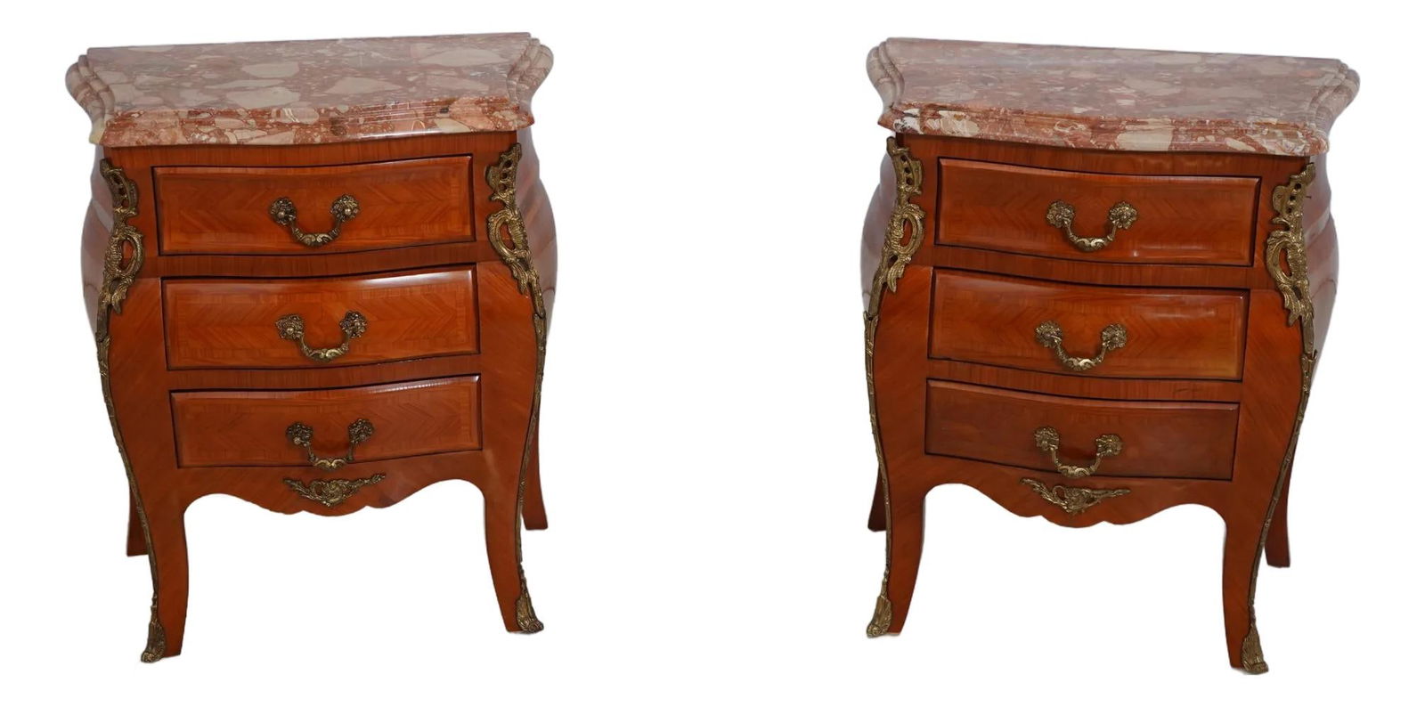 Elegant Pair of French Marble Top Nightstands with Brass Ormolu: Elegant Pair of French Marble Top Nightstands with Brass Ormolu This exquisite pair of French nightstands features elegant beveled edge marble tops complemented by brass ormolu mounts and trim. With a