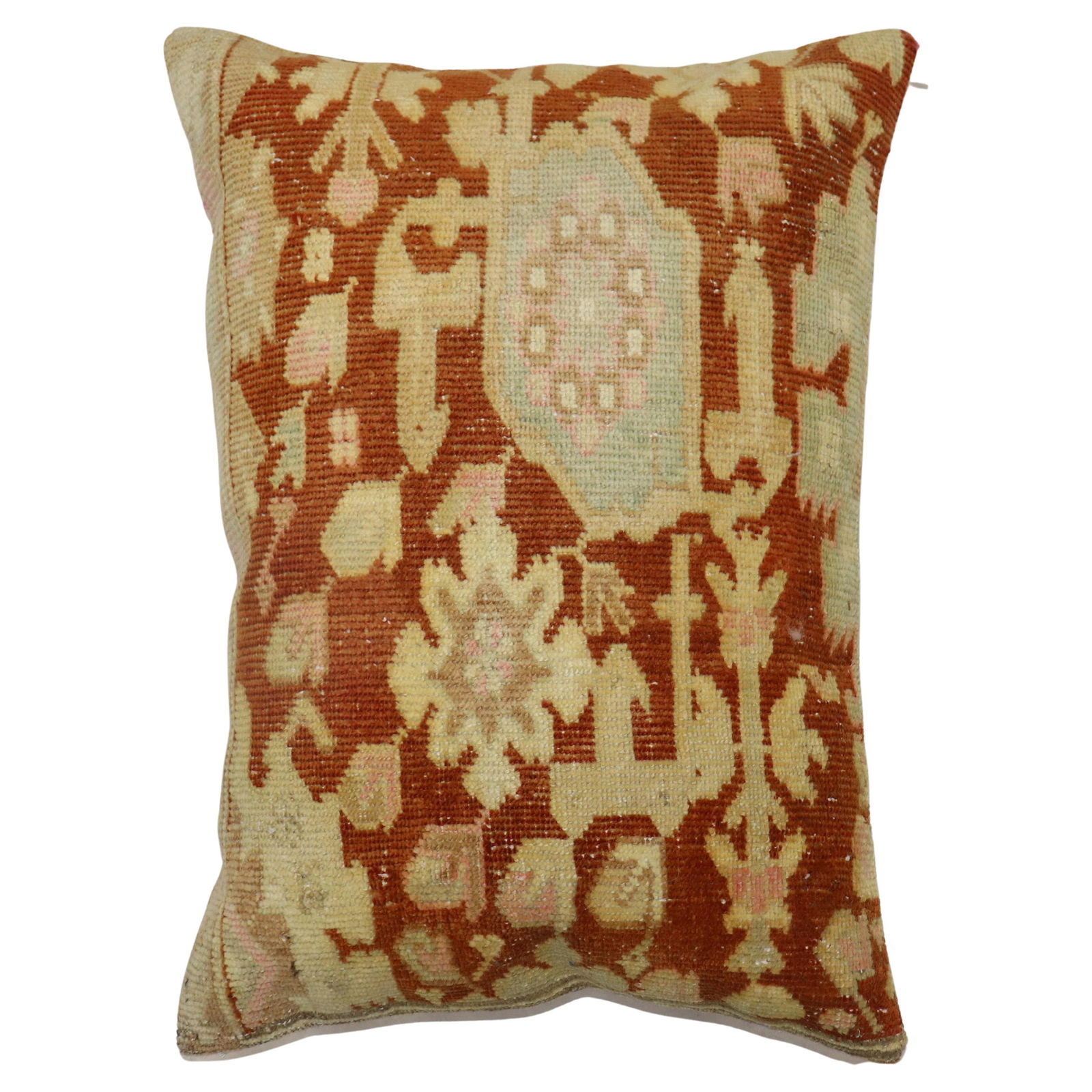 Antique Indian Agra Rug Pillow 19 x 27 Cotton Wool Zipper Closure: Antique Indian Agra Rug Pillow 19 x 27 Cotton Wool Zipper Closure This stunning pillow is crafted from an early 20th Century Antique Indian Agra rug, showcasing the intricate artistry and rich colors
