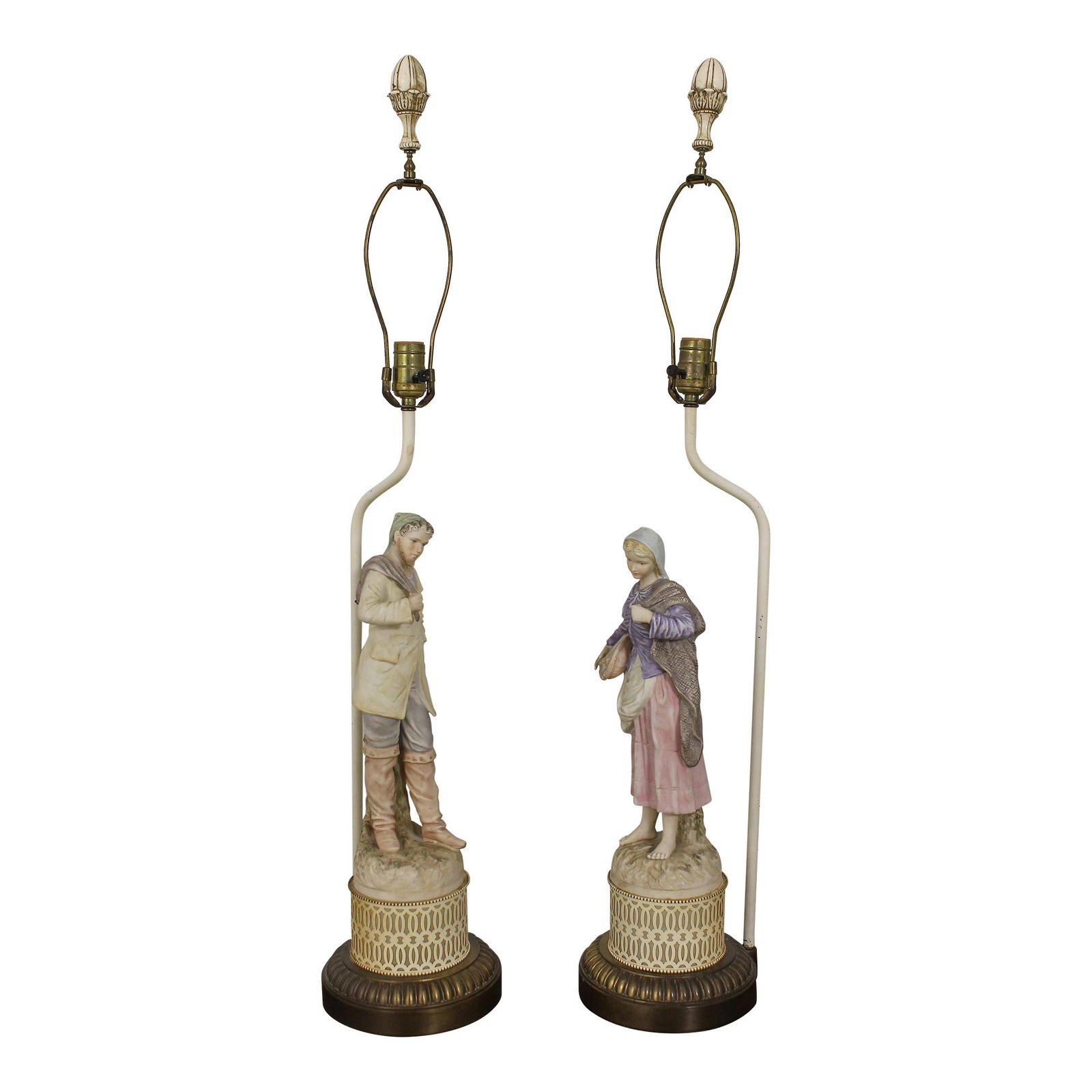 Charming 1950s Italian Bisque Figural Table Lamps Pair: Charming 1950s Italian Bisque Figural Table Lamps Pair This exquisite pair of vintage bisque figural table lamps from the 1950s showcases quality construction and timeless elegance. Standing at 38.5 i