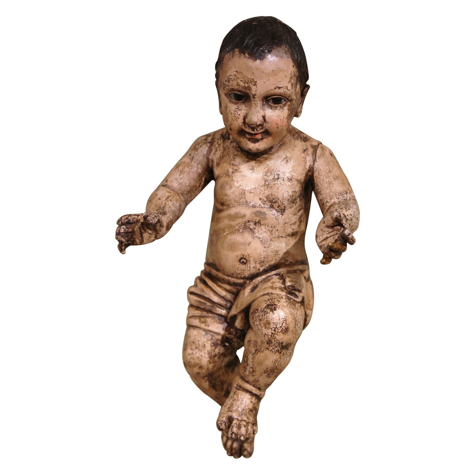 18th Century Italian Hand-Carved Polychrome Baby Jesus with Glass Eyes: 18th Century Italian Hand-Carved Polychrome Baby Jesus with Glass Eyes This exquisite 18th Century Italian carved giltwood polychrome figure of Baby Jesus showcases remarkable craftsmanship and histor