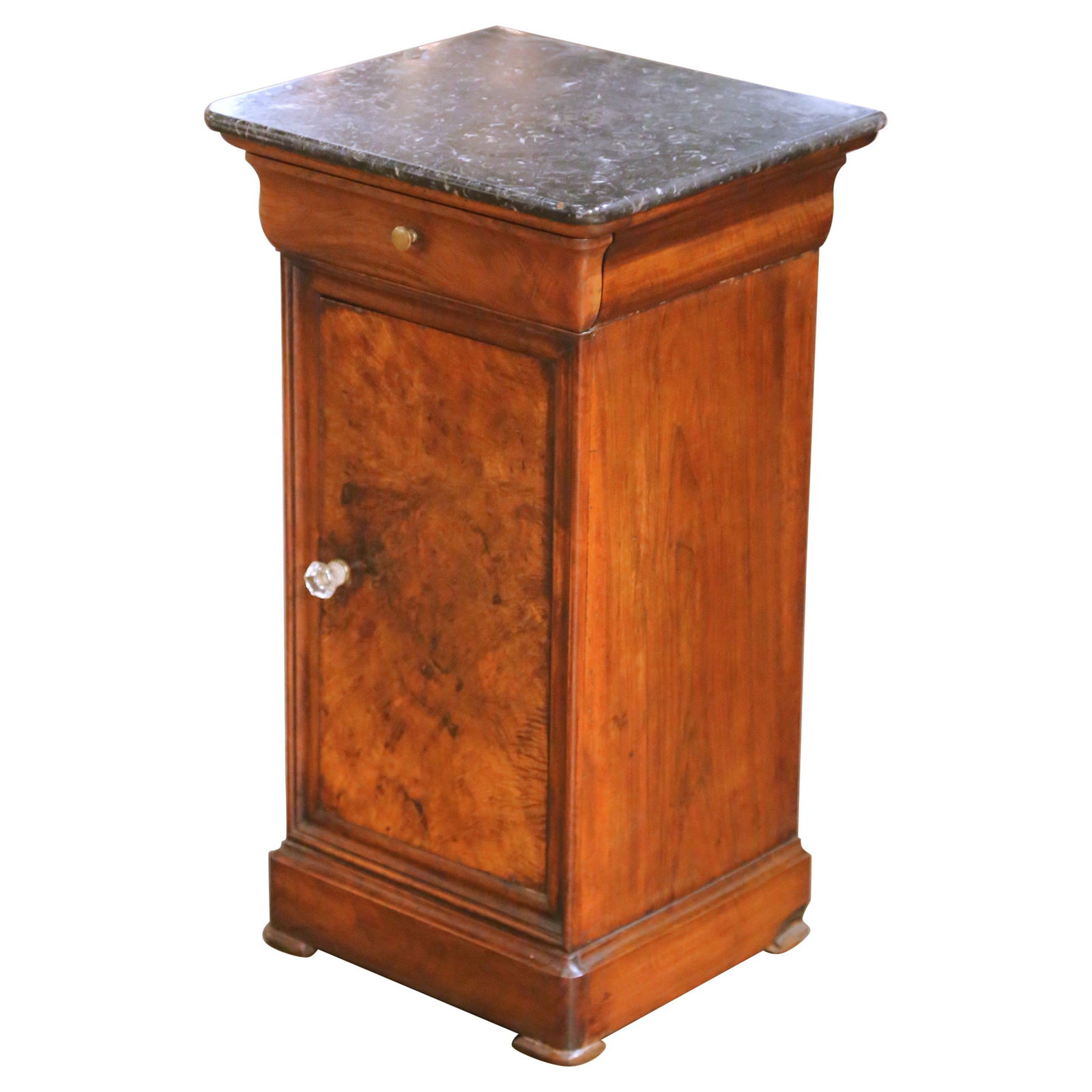 French Louis Philippe Burl Walnut and Marble Bedside Cabinet circa 1880: French Louis Philippe Burl Walnut and Marble Bedside Cabinet circa 1880 This late 19th-century French Louis Philippe bedside cabinet showcases refined craftsmanship and timeless appeal. Constructed fr