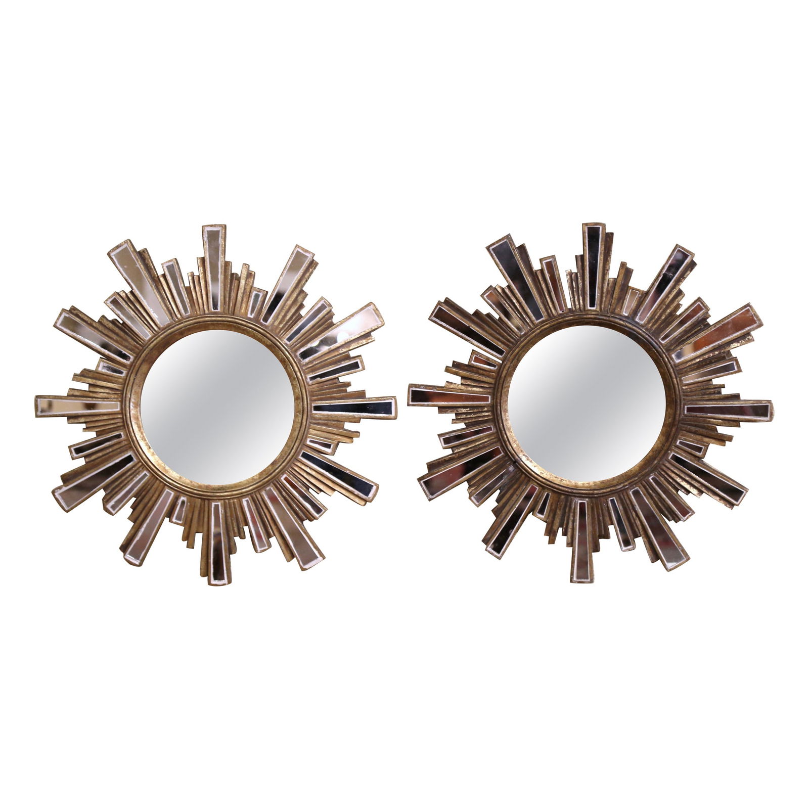 Elegant Set of 2 French Giltwood Cut Glass Sunburst Mirrors: Elegant Set of 2 French Giltwood Cut Glass Sunburst Mirrors Elevate your home decor with this stunning pair of Midcentury French Giltwood and Cut Glass Wall Sunburst Mirrors. Each mirror features a ce