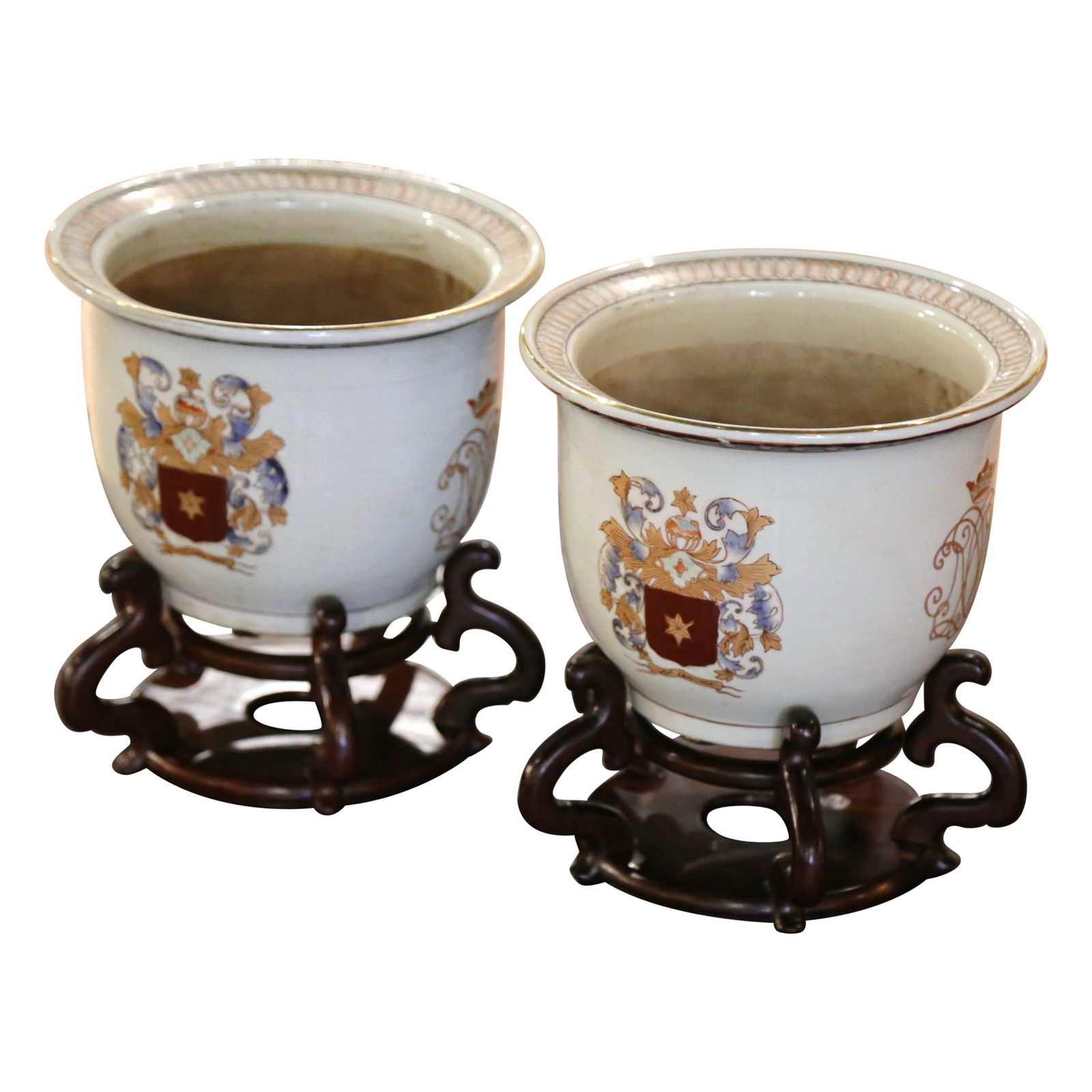 Set of 2 Italian Hand Painted Porcelain Cache Pots with Stands (1 of 7)