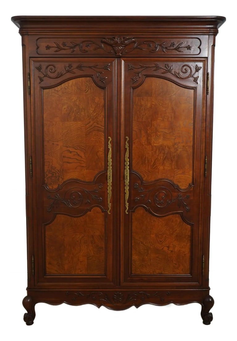 Century French Style Armoire Burl Elm Adjustable Shelves Retractable Doors (1 of 10)