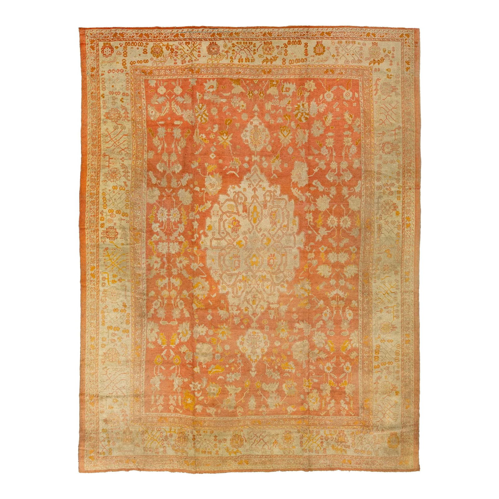 1880s Hand-Knotted Turkish Oushak Wool Rug Orange Medallion 13'5 x 17'4 (1 of 9)