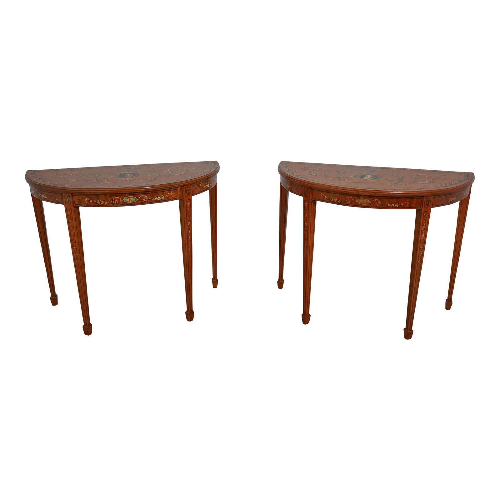 Pair of Vintage Adams Style Satinwood Console Tables with Hand-Painted Details (1 of 10)