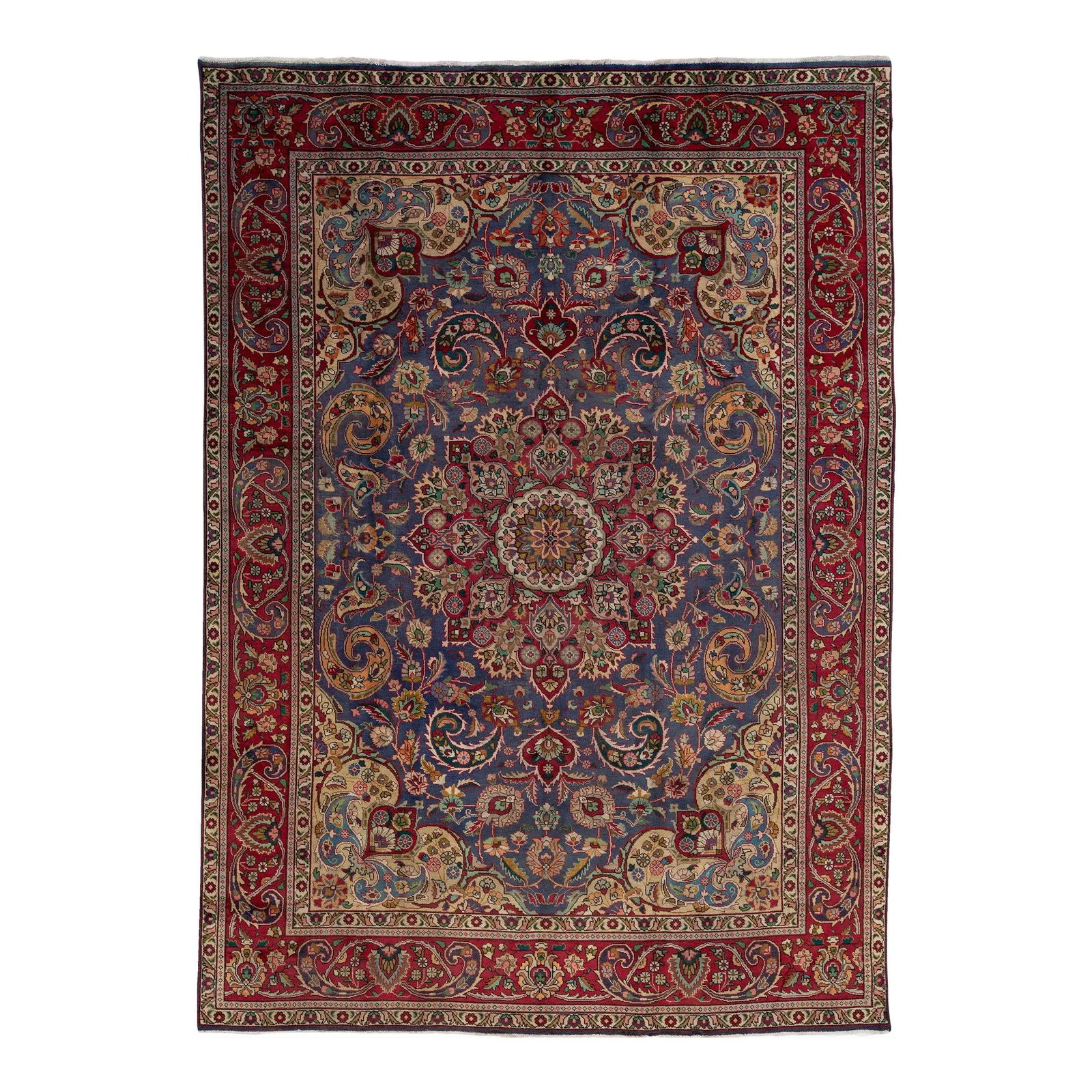 1960s Persian Tabriz Wool Rug Blue Medallion 7'11 x 11'2: 1960s Persian Tabriz Wool Rug Blue Medallion 7'11 x 11'2 This exquisite handmade Persian Tabriz rug showcases a stunning blue field adorned with a vibrant medallion motif and multicolor accents. Measu