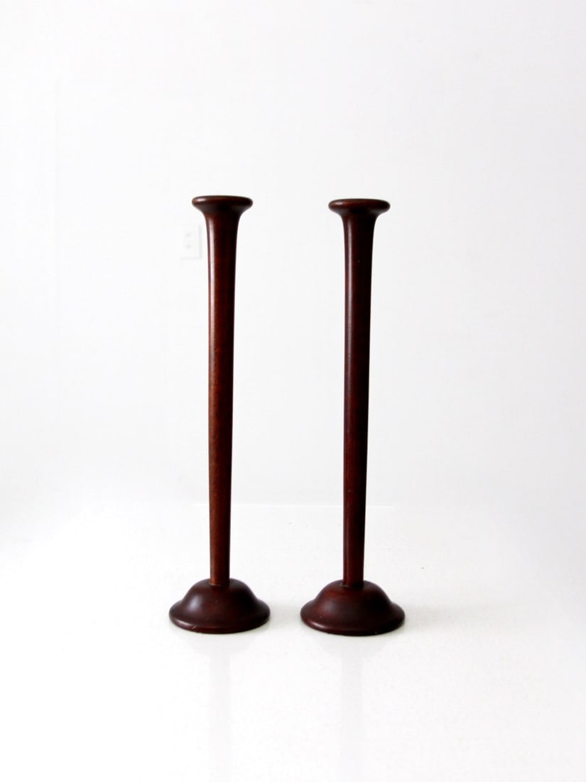 Set of Two Tall Vintage Turned Wood Candle Holders Mid-20th Century (1 of 6)