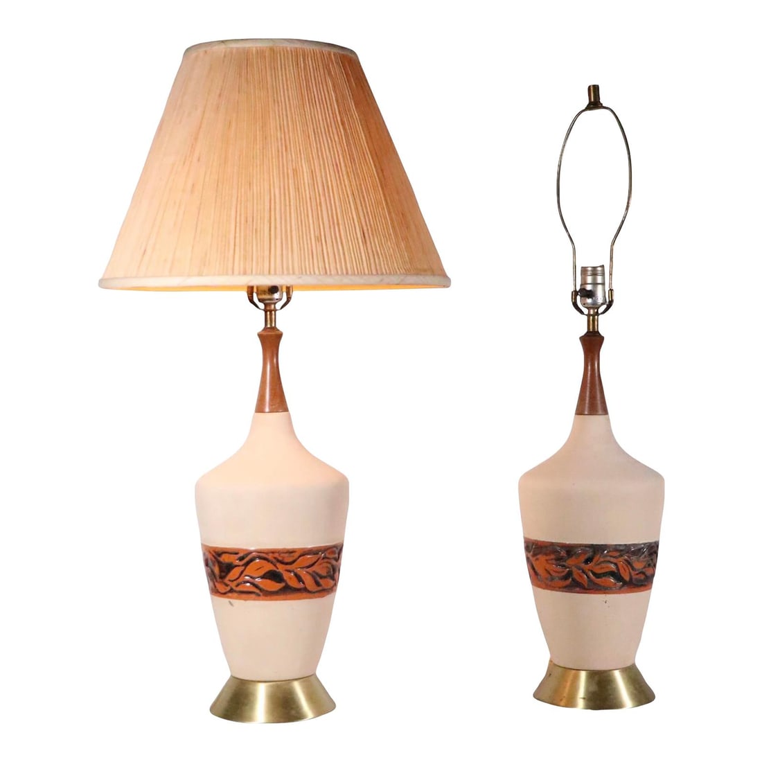 Mid Century Pair of Ceramic Table Lamps 1950s Sand Color: Mid Century Pair of Ceramic Table Lamps 1950s Sand Color This elegant pair of Mid Century table lamps, crafted around the 1950s, features unique ceramic bodies complemented by wood finial tops and spu