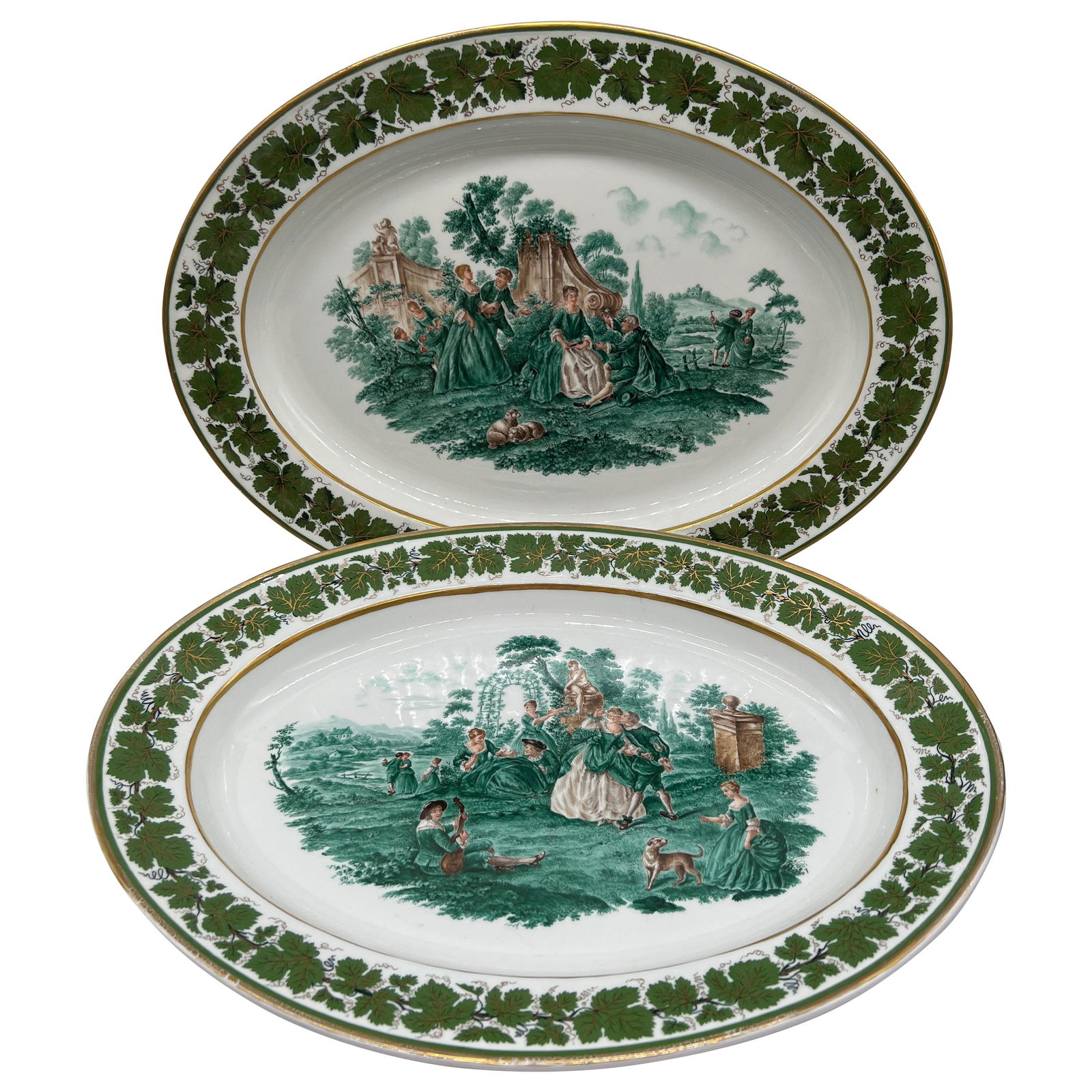 Set of 2 Meissen Green Ivy Rococo Porcelain Platters 19.75 inches (1 of 9)