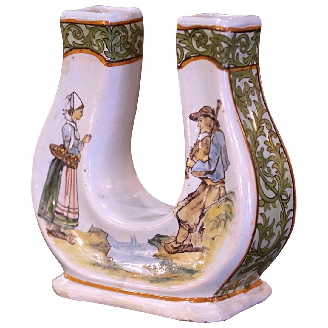 19th Century Porquier Beau Quimper Hand-Painted Faience Horseshoe Vase: 19th Century Porquier Beau Quimper Hand-Painted Faience Horseshoe Vase This exquisite 19th Century French Painted Faience Porquier Beau Quimper "Horseshoe" Vase is a stunning example of late 19th-cent