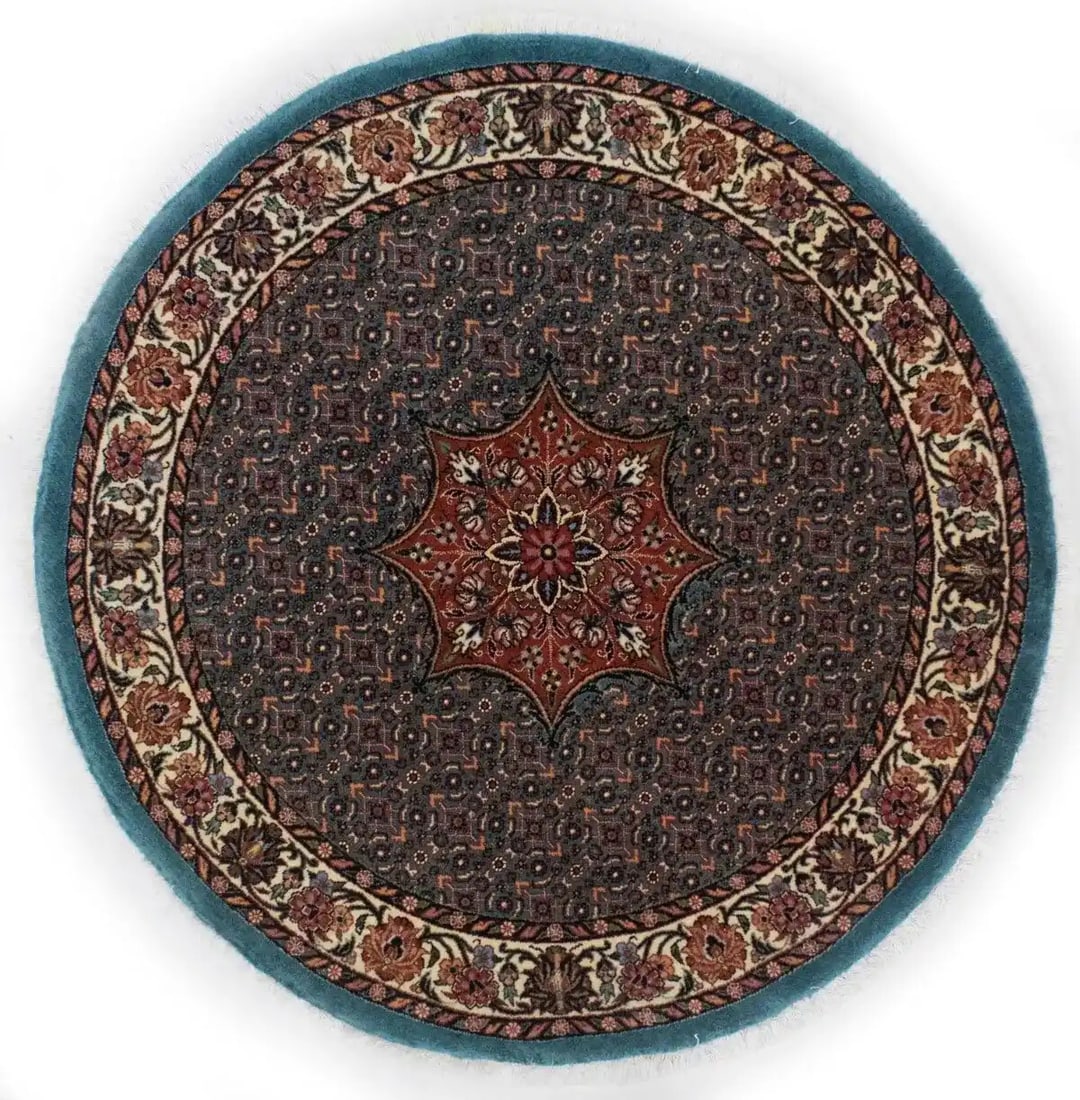 Handmade Teal Blue Floral Round Rug 4ft Wool Decor: Handmade Teal Blue Floral Round Rug 4ft Wool Decor This exquisite handmade Oriental round rug features a stunning floral design in a captivating teal blue color complemented by rusty red, brown, pink,