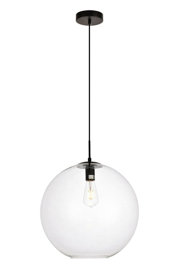 Placido Modern Black and Clear Glass 1-Light Pendant for Dining or Kitchen 15.7 Inch: Placido Modern Black and Clear Glass 1-Light Pendant for Dining or Kitchen 15.7 Inch This modern pendant chandelier features a black iron and steel frame with a clear round glass shade, offering a sle