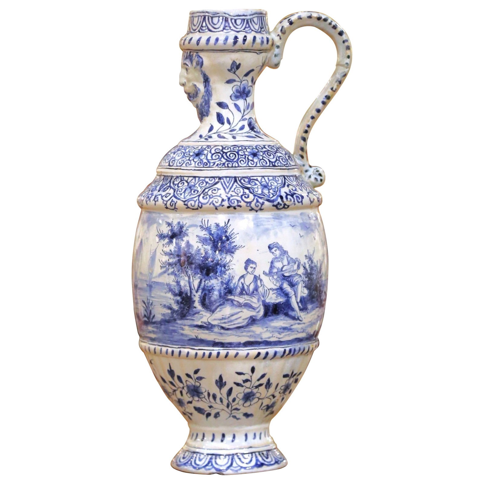 19th Century French Faience Ewer with Courting Scene Hand-Painted Blue and White (1 of 11)