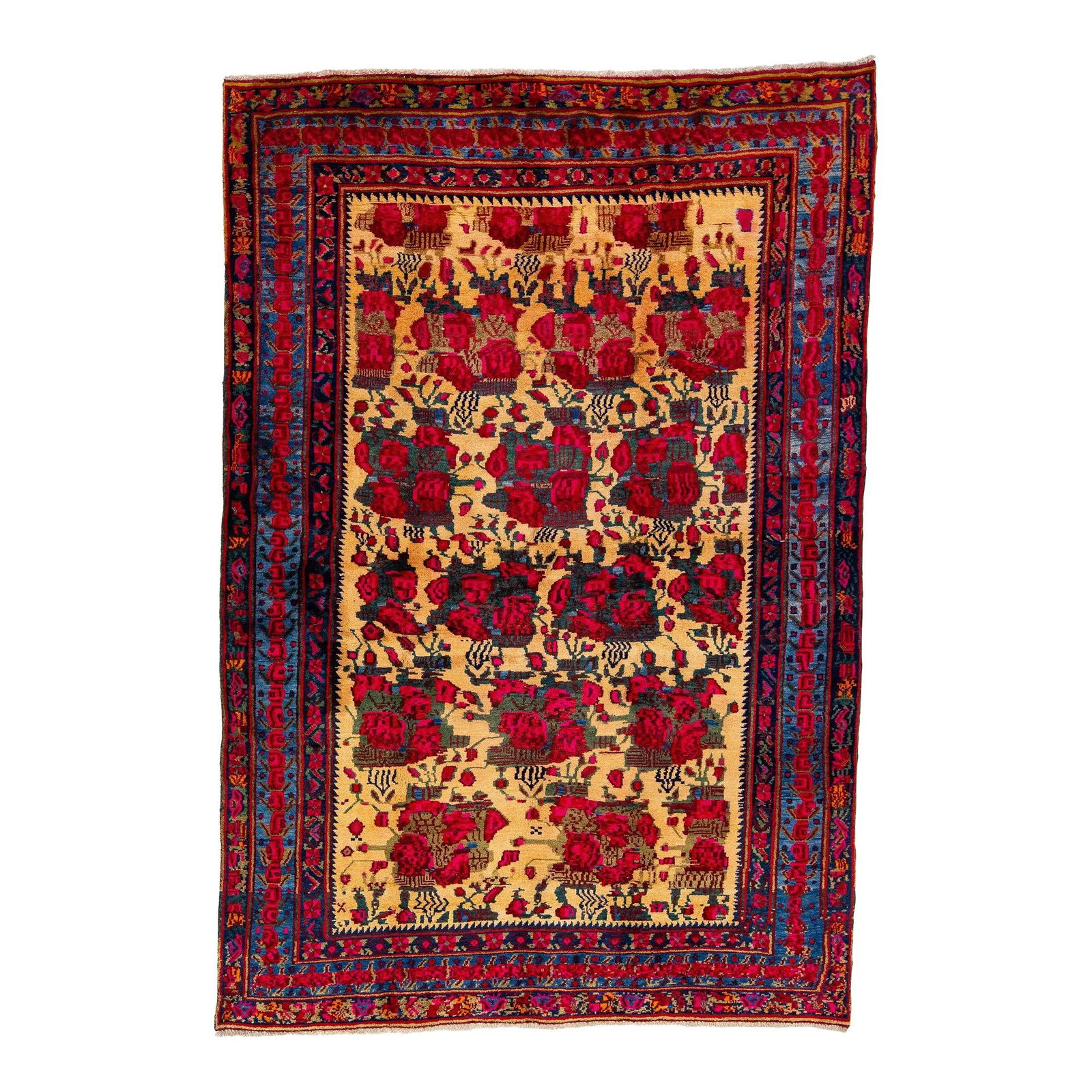 1960s Handmade Persian Bidjar Wool Rug Tan Red Floral 5'2 x 7'6 (1 of 7)