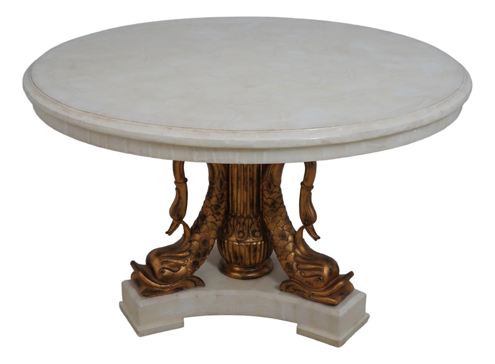 Exquisite Round Italian Marble Center Table Dolphin Base: Exquisite Round Italian Marble Center Table Dolphin Base This exquisite Round Italian Style Dolphin Base Center Table showcases a stunning tessellated marble overlay top, elegantly supported by a beau