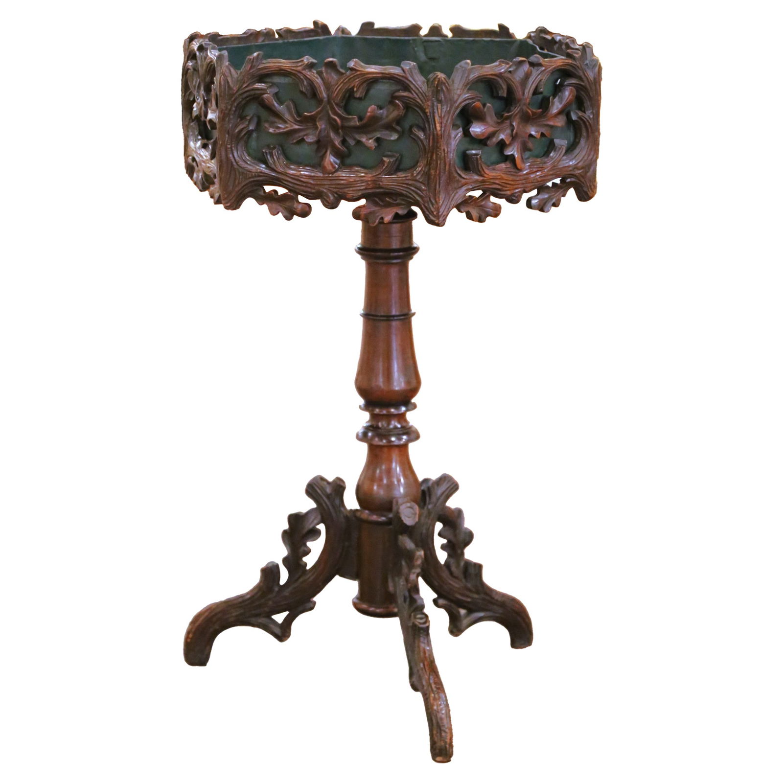 French Black Forest Walnut Plant Stand with Octagonal Zinc-Lined Jardiniere: French Black Forest Walnut Plant Stand with Octagonal Zinc-Lined Jardiniere This antique French Black Forest jardiniere, crafted circa 1870, features exceptional hand-carved walnut in an octagonal for