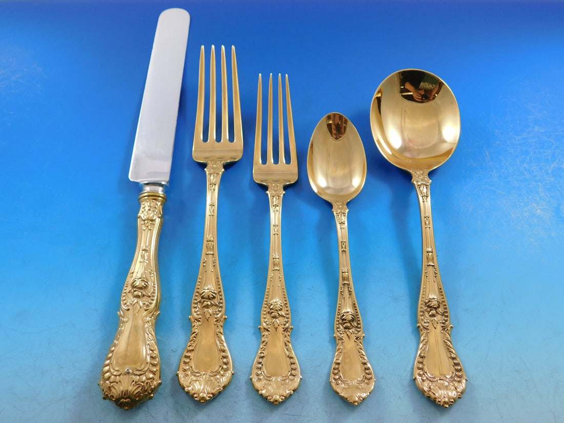 Whiting Dorothy Vernon Gold Sterling Silver Flatware Set 61 pc for 12 (1 of 6)