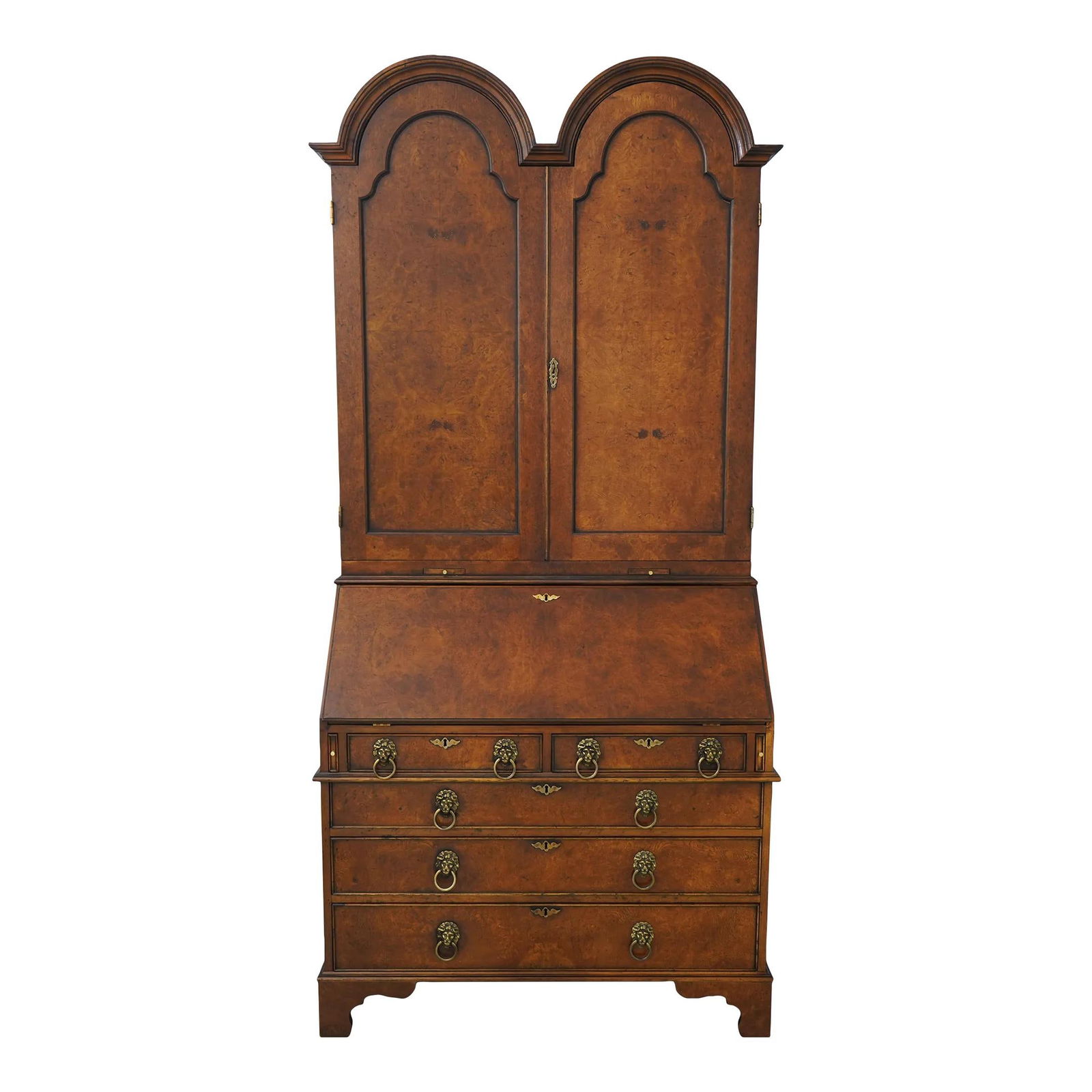 Southampton George III Burl Walnut Dome Top Desk with Brass Lion Head Pulls: Southampton George III Burl Walnut Dome Top Desk with Brass Lion Head Pulls This exquisite Southampton George III Dome Top Desk is crafted from stunning burl walnut, showcasing a rich brown hue throug
