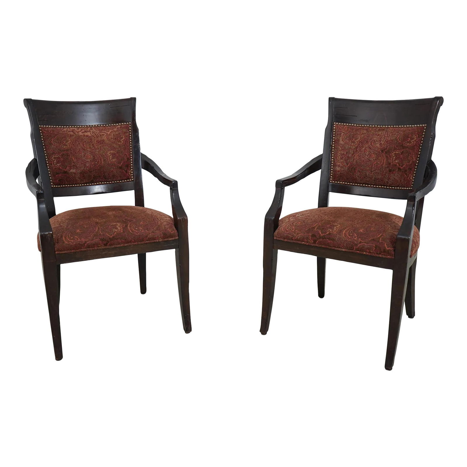 Elegant Pair of English Regency Distressed Finish Armchairs: Elegant Pair of English Regency Distressed Finish Armchairs This exquisite pair of English Regency armchairs features a distressed finish, showcasing high-quality construction and well-cared-for uphol