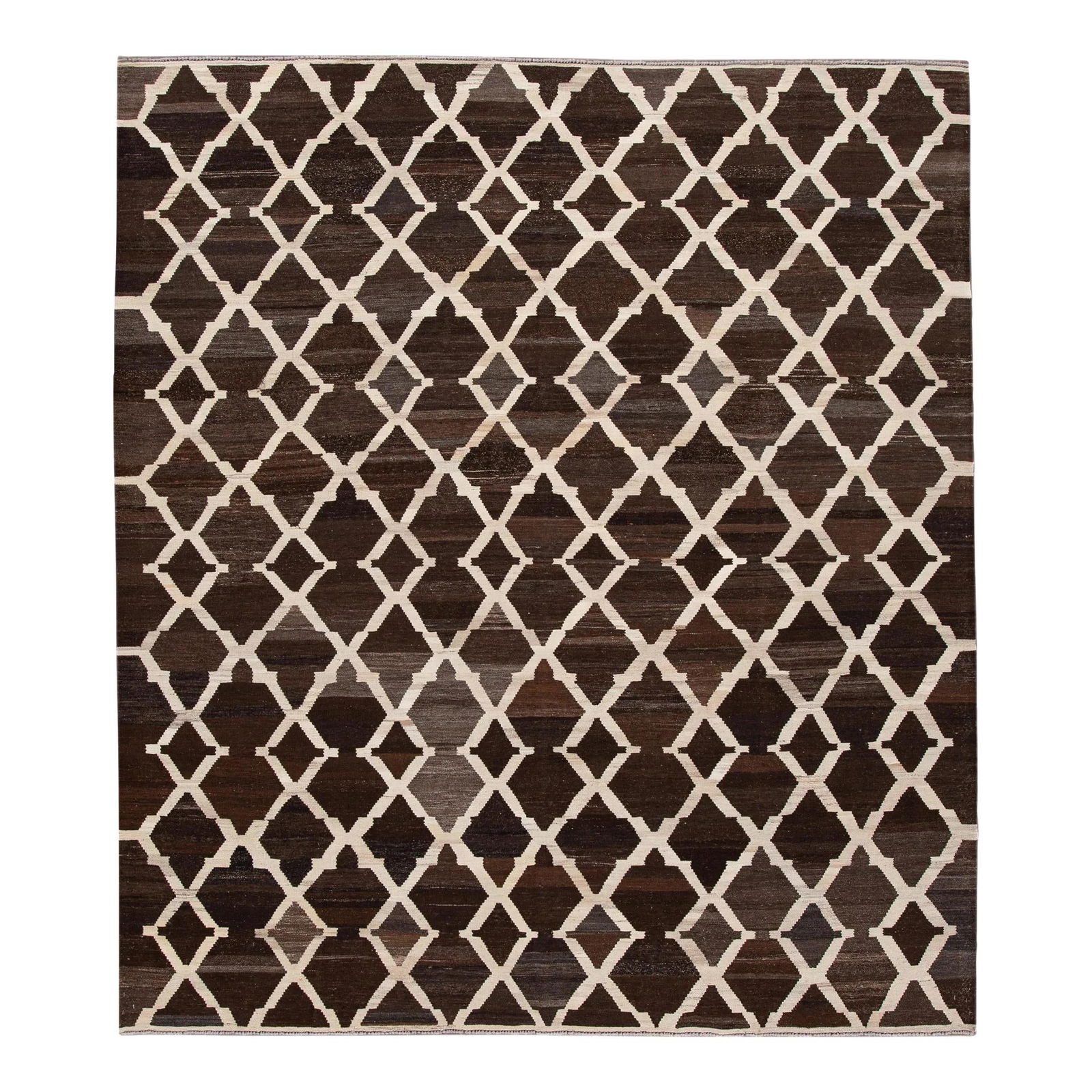Hand-Knotted Brown Wool Kilim Rug 8'7 x 9'10 Trellis Design (1 of 7)
