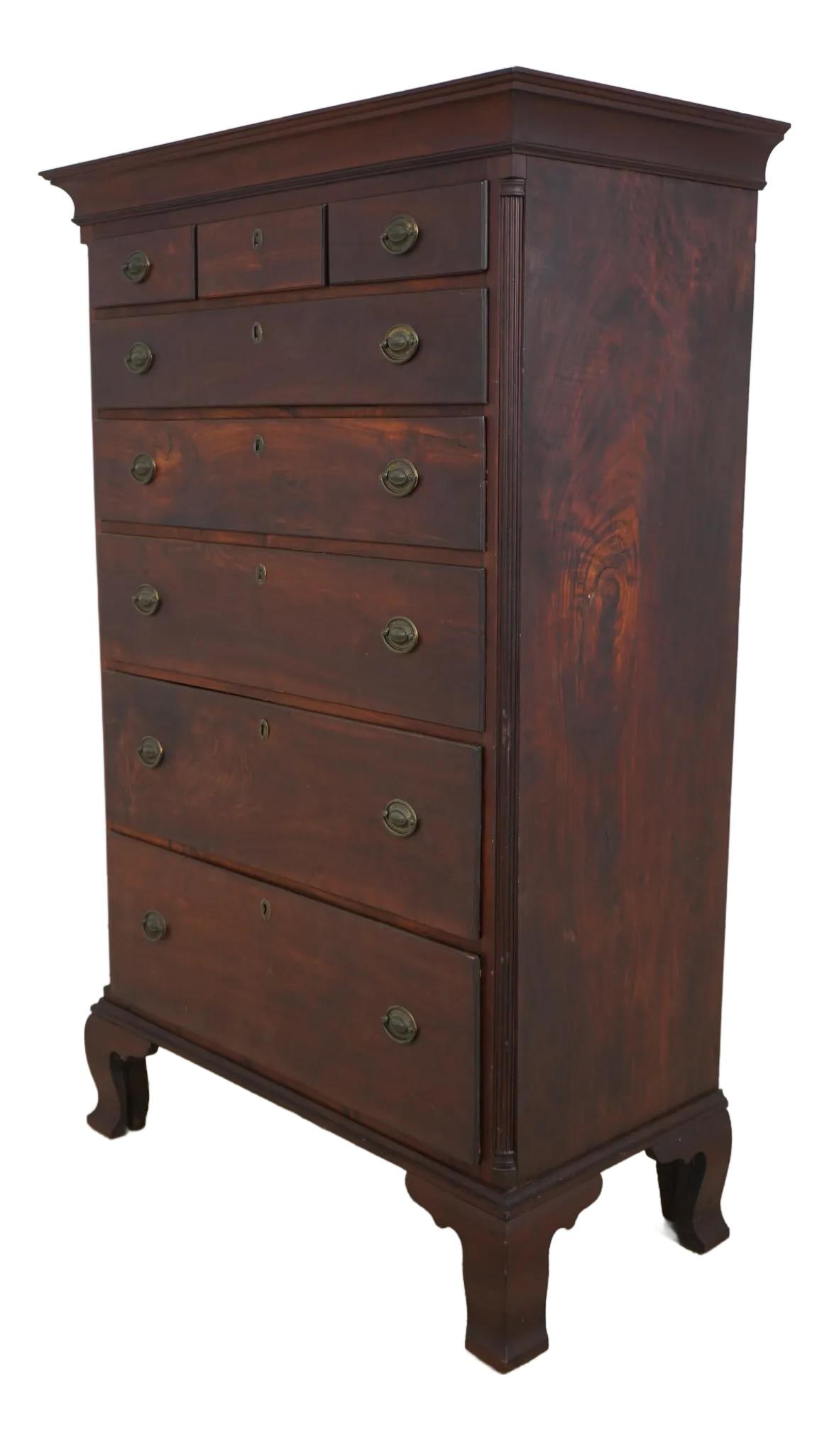 18th Century Chippendale Walnut High Chest with Original Hardware: 18th Century Chippendale Walnut High Chest with Original Hardware Explore the elegance of this 18th-century Chippendale walnut high chest, a stunning piece of American antique furniture. Crafted betwe
