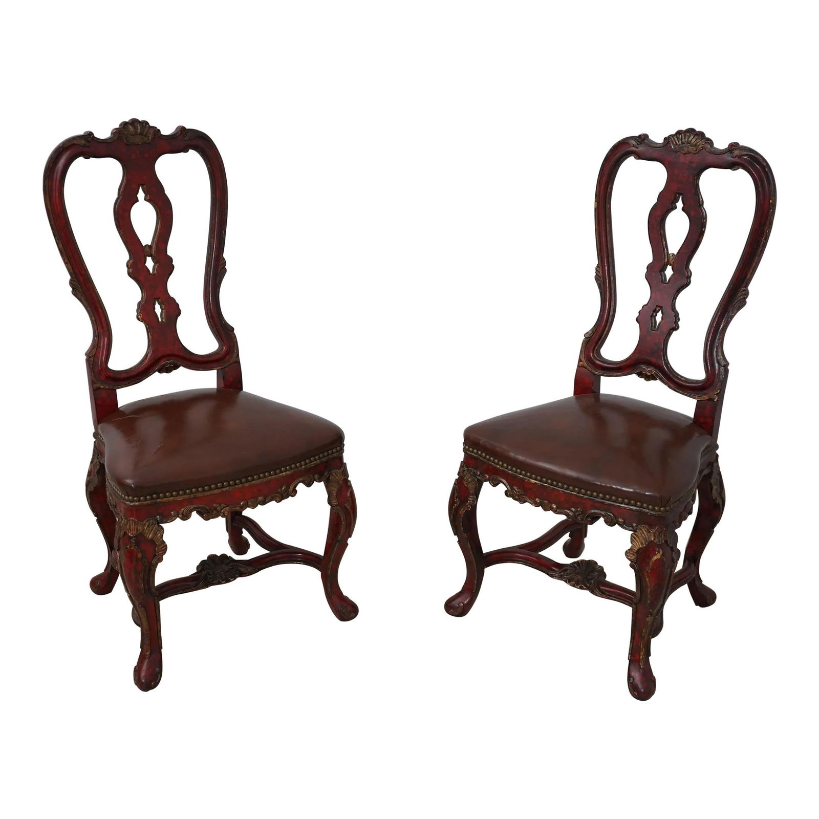 Vintage Flemish Baroque Pair of Leather Side Chairs: Vintage Flemish Baroque Pair of Leather Side Chairs This exquisite pair of vintage Flemish Baroque side chairs showcases fine craftsmanship typical of their era, approximately 70 years old. Each chair