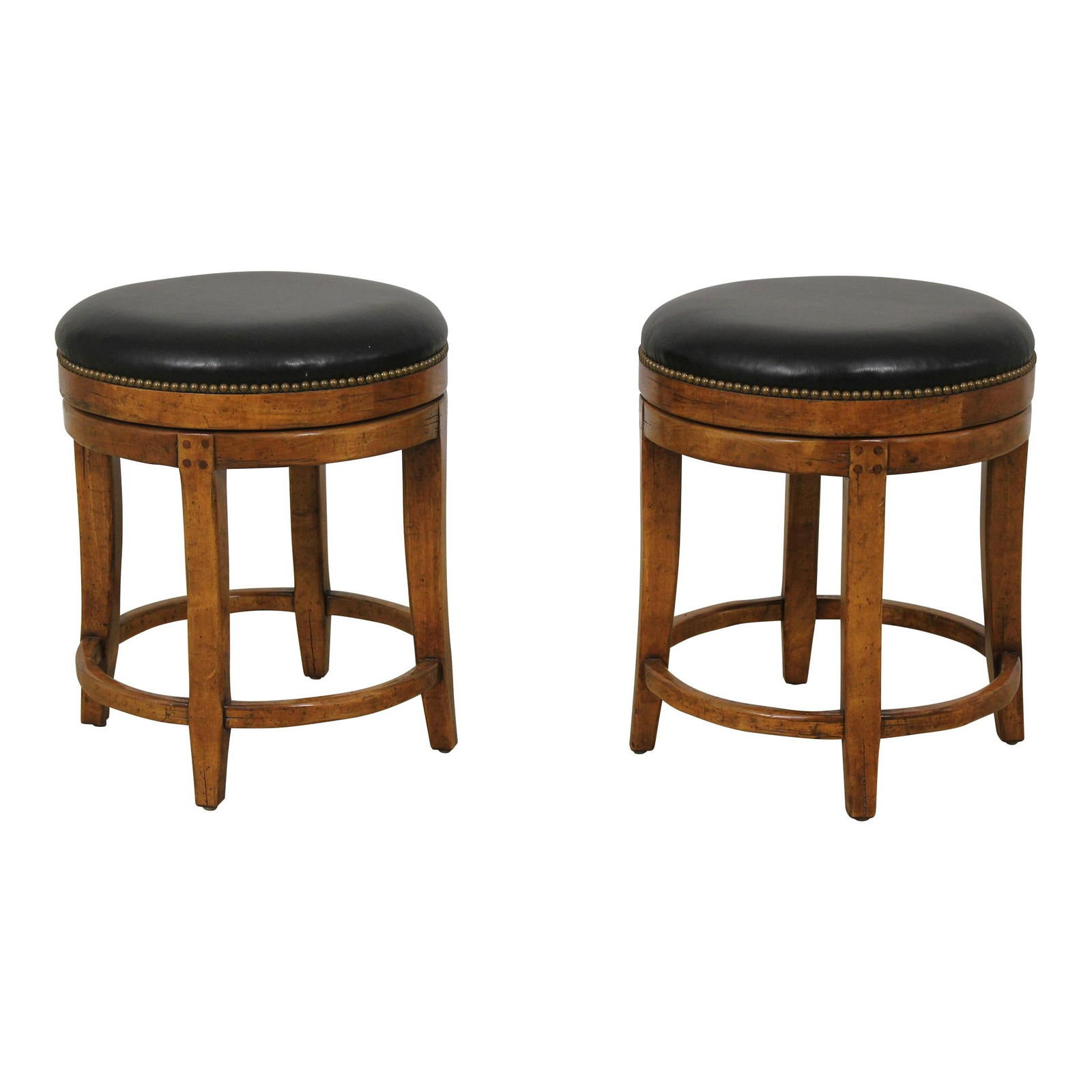 Guy Chaddock Rustic Leather Stools Pair with Distressed Finish: Guy Chaddock Rustic Leather Stools Pair with Distressed Finish Discover a stunning pair of round rustic stools, expertly crafted by Guy Chaddock. These stools feature a factory distressed design that