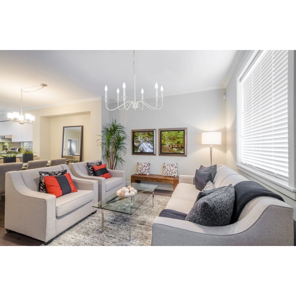 Living District Rohan 6-Light White Farmhouse Chandelier 36 Inch Indoor Lighting: Living District Rohan 6-Light White Farmhouse Chandelier 36 Inch Indoor Lighting Illuminate your home with this stunning White Farmhouse Chandelier, a perfect blend of style and functionality. This