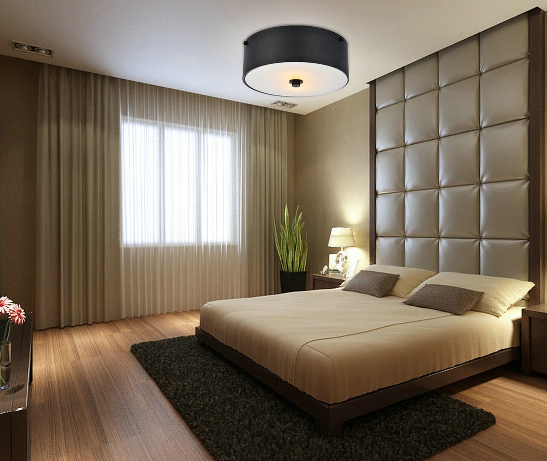 Hazen Flat Black Frosted Glass 2-Light Flush Mount Chandelier: Hazen Flat Black Frosted Glass 2-Light Flush Mount Chandelier Enhance your space with this modern flush mount chandelier featuring a sleek flat black finish and elegant frosted white glass shades.